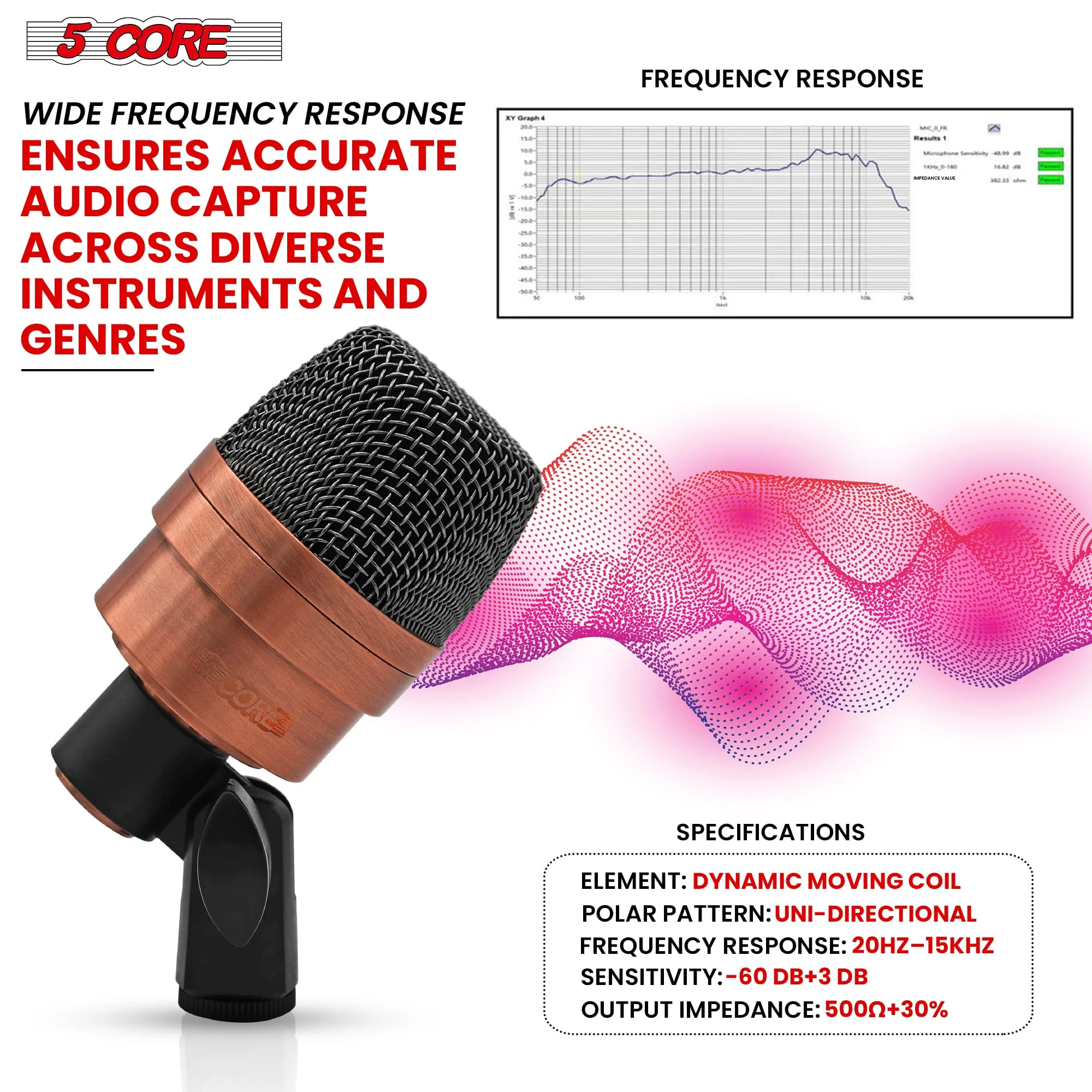 5 CORE Tom Microphone Copper Finish XLR Wired Uni Directional Snare Drum and Other Musical Instrument Mic w Swivel-Mount Steel Mesh Grille Tripod Carry Case Included Tom XP COPPEREX Metallic - Image 2