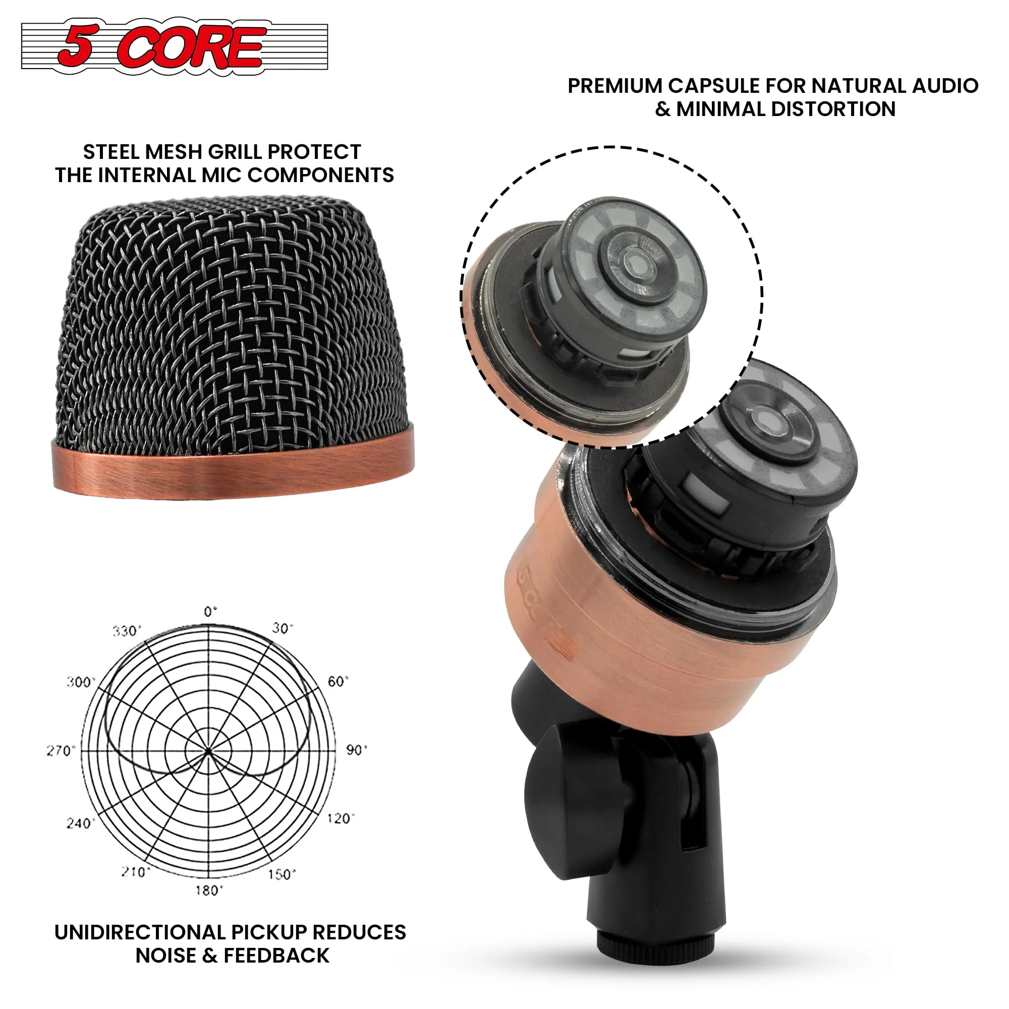 5 CORE Tom Microphone Copper Finish XLR Wired Uni Directional Snare Drum and Other Musical Instrument Mic w Swivel-Mount Steel Mesh Grille Tripod Carry Case Included Tom XP COPPEREX Metallic - Image 3