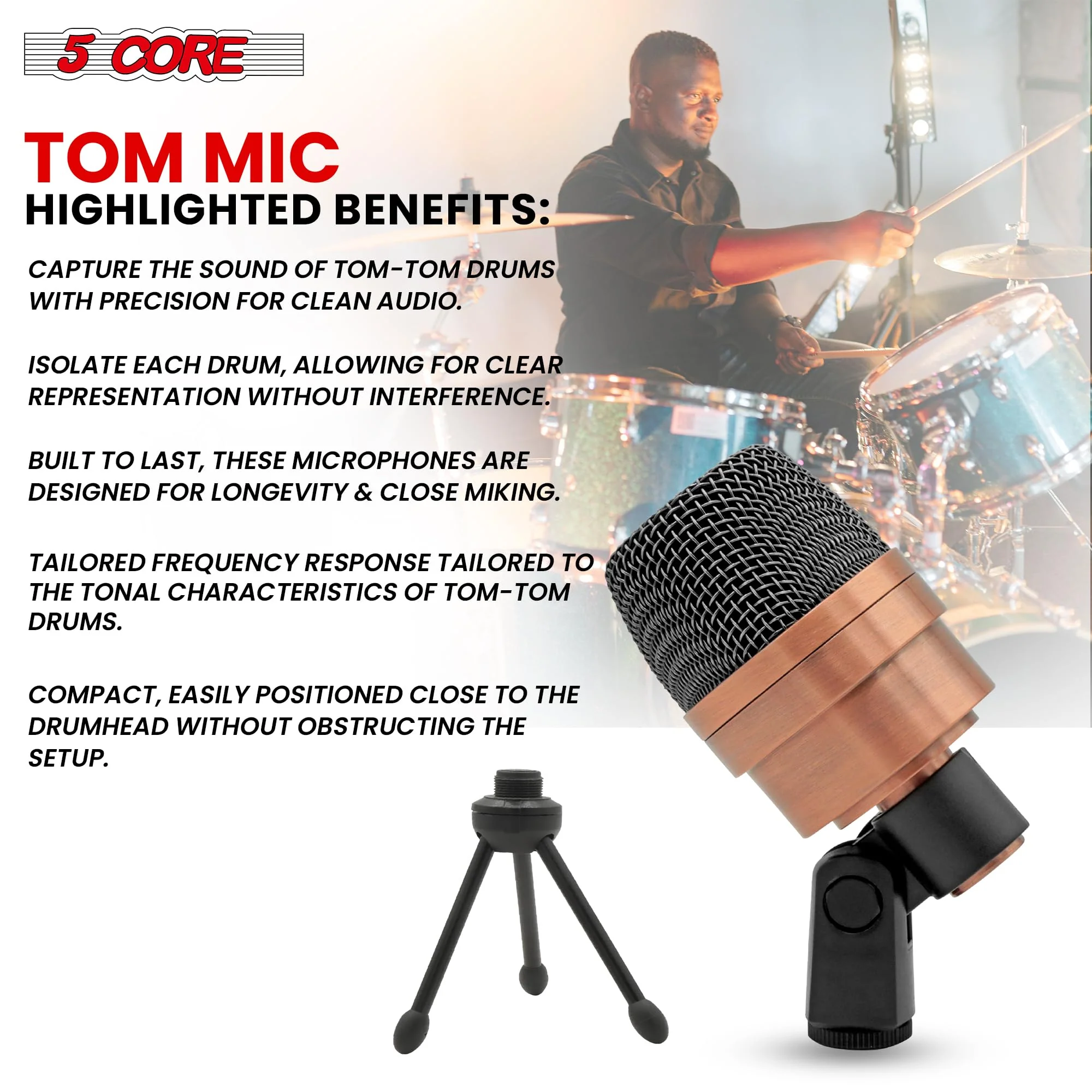 5 CORE Tom Microphone Copper Finish XLR Wired Uni Directional Snare Drum and Other Musical Instrument Mic w Swivel-Mount Steel Mesh Grille Tripod Carry Case Included Tom XP COPPEREX Metallic - Image 4