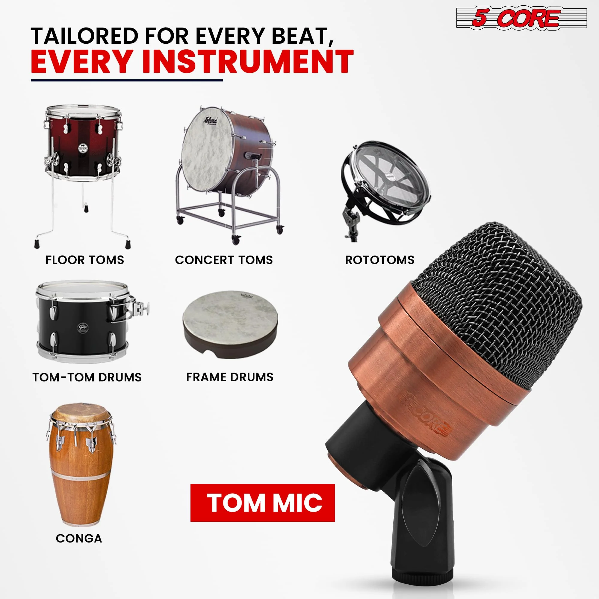 5 CORE Tom Microphone Copper Finish XLR Wired Uni Directional Snare Drum and Other Musical Instrument Mic w Swivel-Mount Steel Mesh Grille Tripod Carry Case Included Tom XP COPPEREX Metallic - Image 5