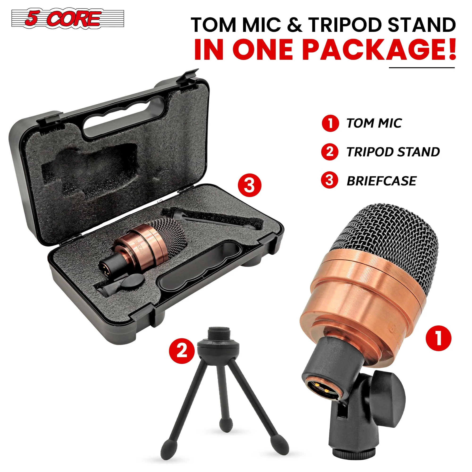 5 CORE Tom Microphone Copper Finish XLR Wired Uni Directional Snare Drum and Other Musical Instrument Mic w Swivel-Mount Steel Mesh Grille Tripod Carry Case Included Tom XP COPPEREX Metallic - Image 6