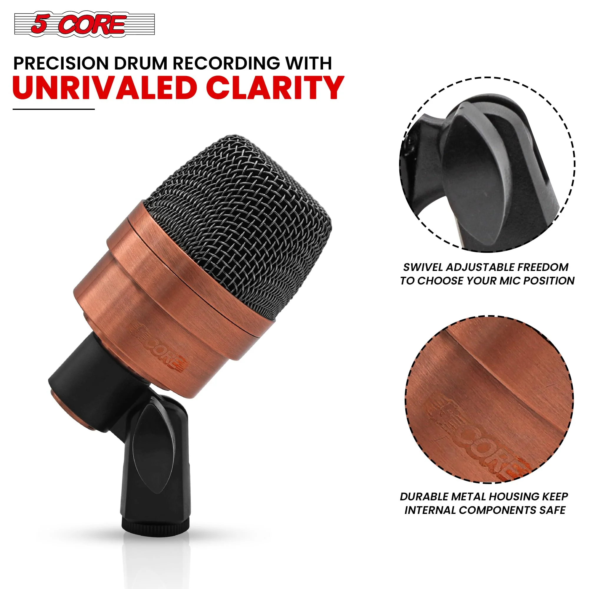 5 CORE Tom Microphone Copper Finish XLR Wired Uni Directional Snare Drum and Other Musical Instrument Mic w Swivel-Mount Steel Mesh Grille Tripod Carry Case Included Tom XP COPPEREX Metallic - Image 7