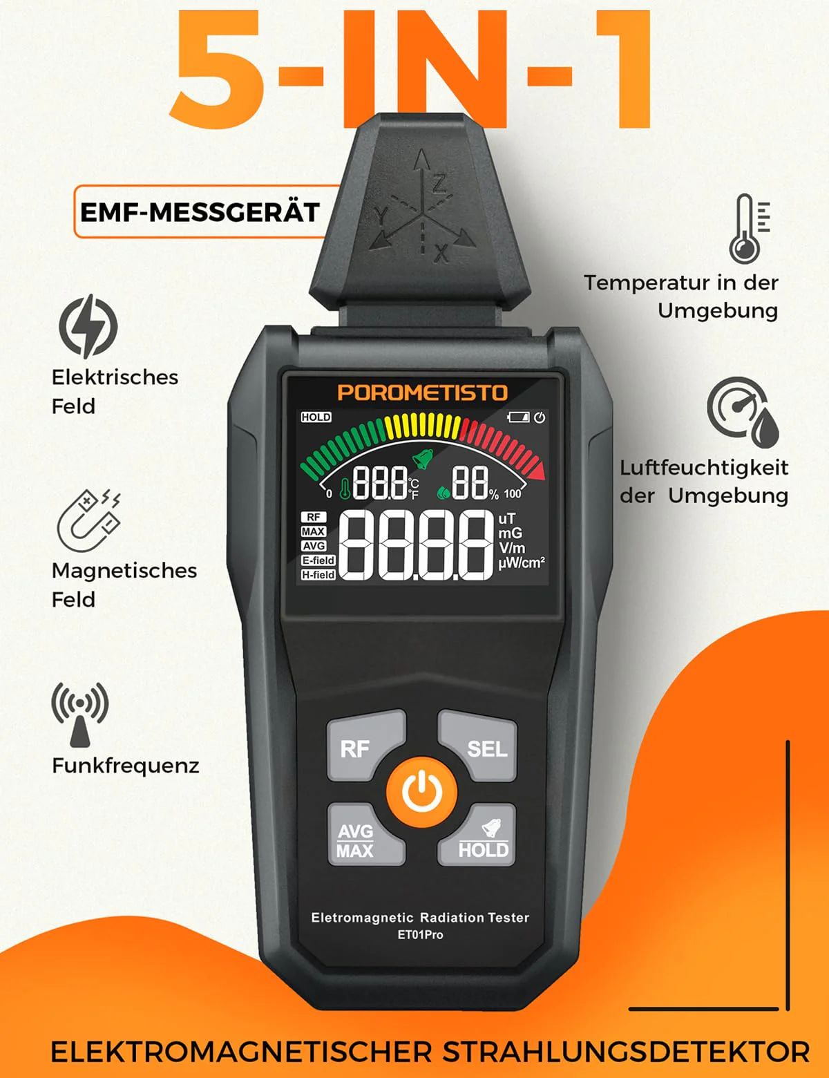 5-in-1 EMF Meter ET01PRO, Simultaneous Display of EF/MF/RF/TEM/HUM, Electrosmog Meter with Maximum, Minimum Value Display and Data Storage, Suitable for Office, Home and Ghost Hunting - Image 2