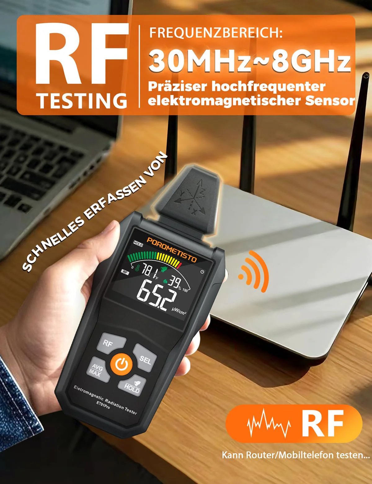 5-in-1 EMF Meter ET01PRO, Simultaneous Display of EF/MF/RF/TEM/HUM, Electrosmog Meter with Maximum, Minimum Value Display and Data Storage, Suitable for Office, Home and Ghost Hunting - Image 3