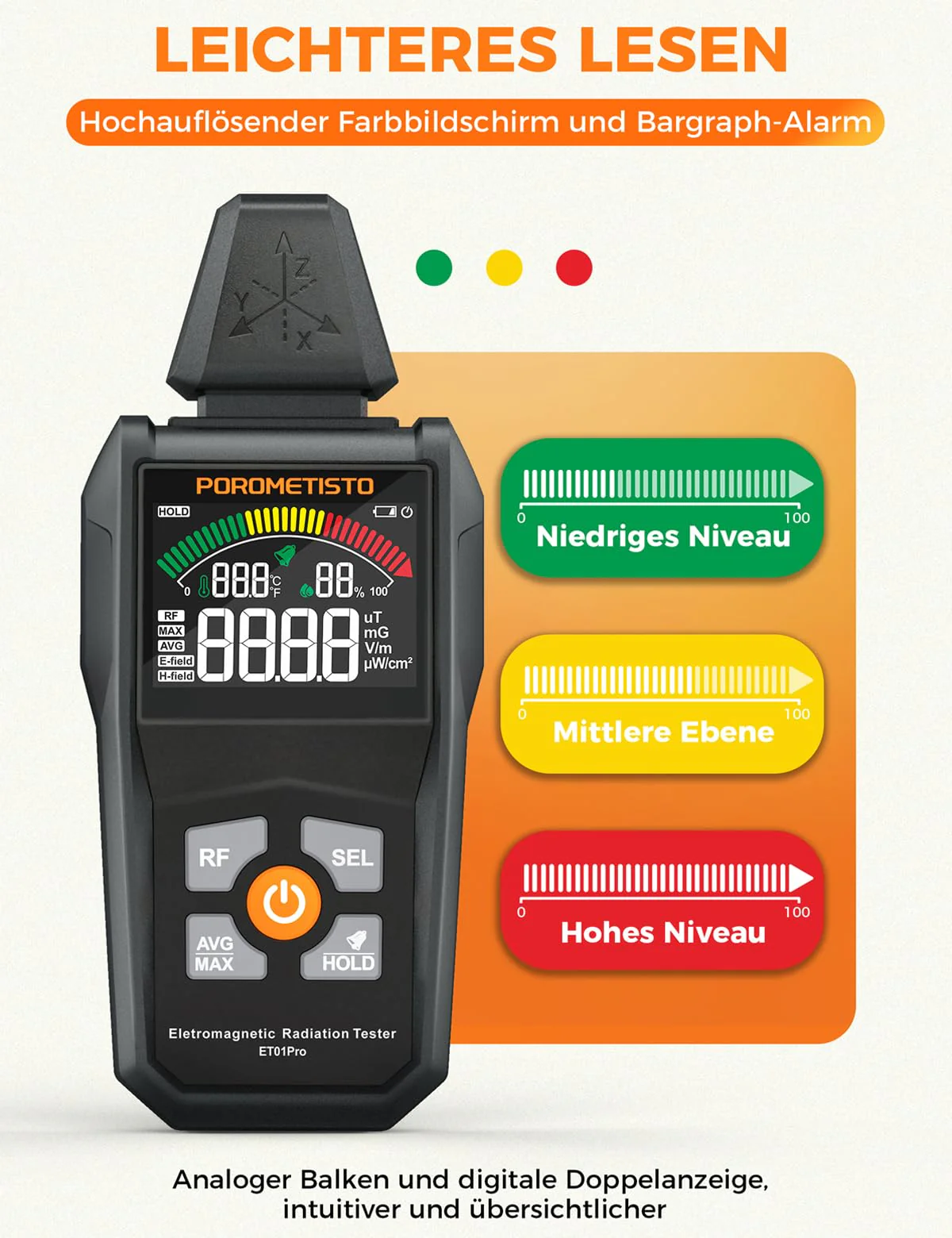 5-in-1 EMF Meter ET01PRO, Simultaneous Display of EF/MF/RF/TEM/HUM, Electrosmog Meter with Maximum, Minimum Value Display and Data Storage, Suitable for Office, Home and Ghost Hunting - Image 8