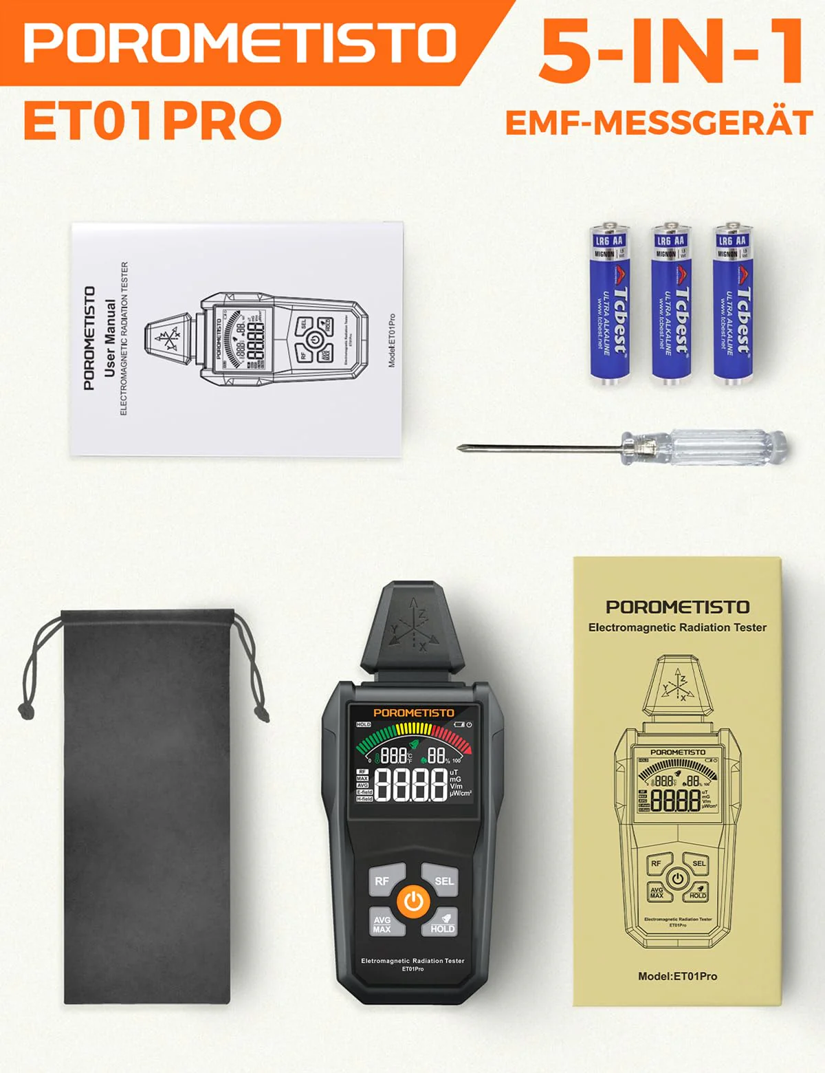 5-in-1 EMF Meter ET01PRO, Simultaneous Display of EF/MF/RF/TEM/HUM, Electrosmog Meter with Maximum, Minimum Value Display and Data Storage, Suitable for Office, Home and Ghost Hunting - Image 9