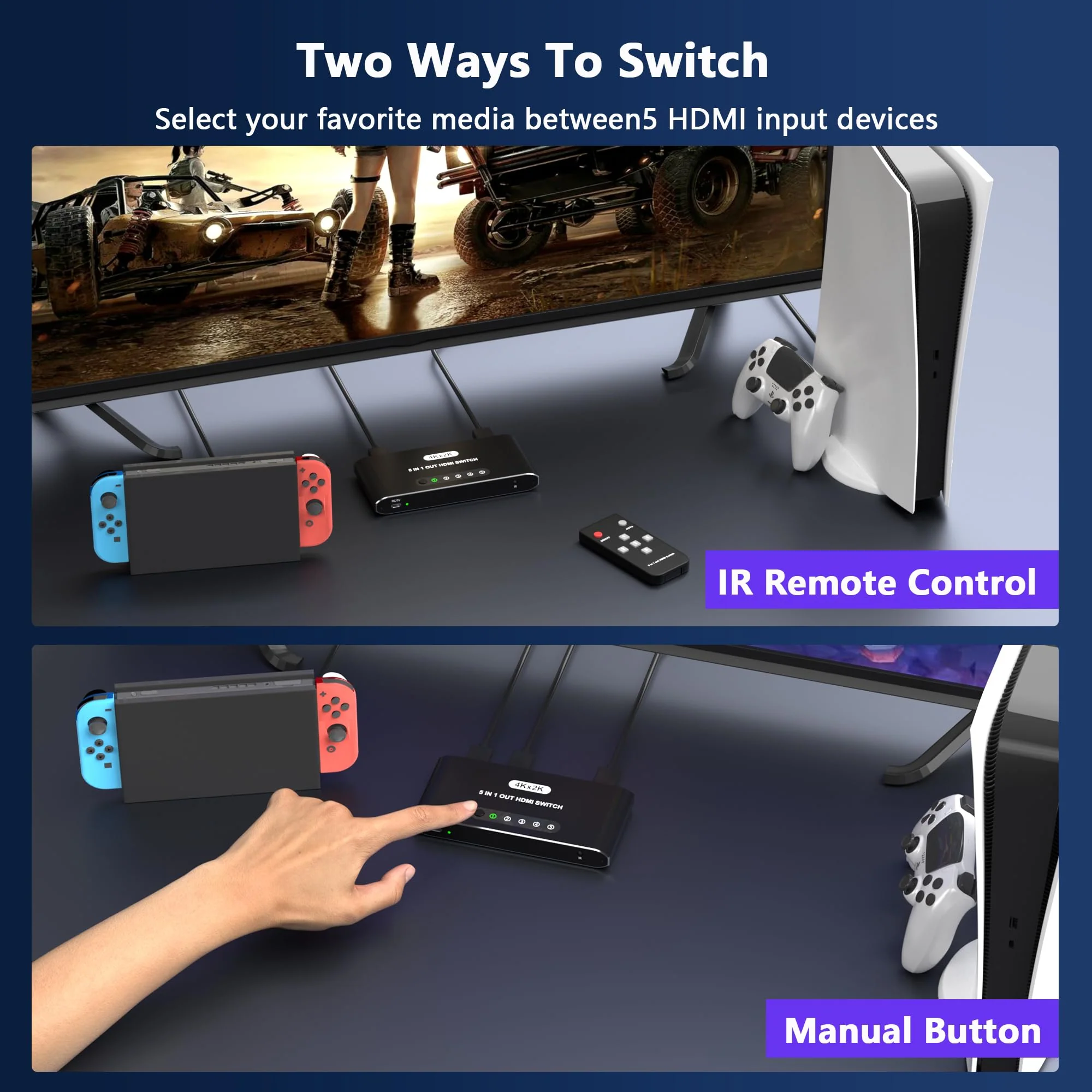 5 in 1 HDMI Switch with Remote 4K, 5 Port HDMI Switcher, HDMI Selector Splitter Box with LED Indicators, Game Switcher Hub with USB Powered for PS5 Xbox Fire Stick Roku TV Monitor - Image 3