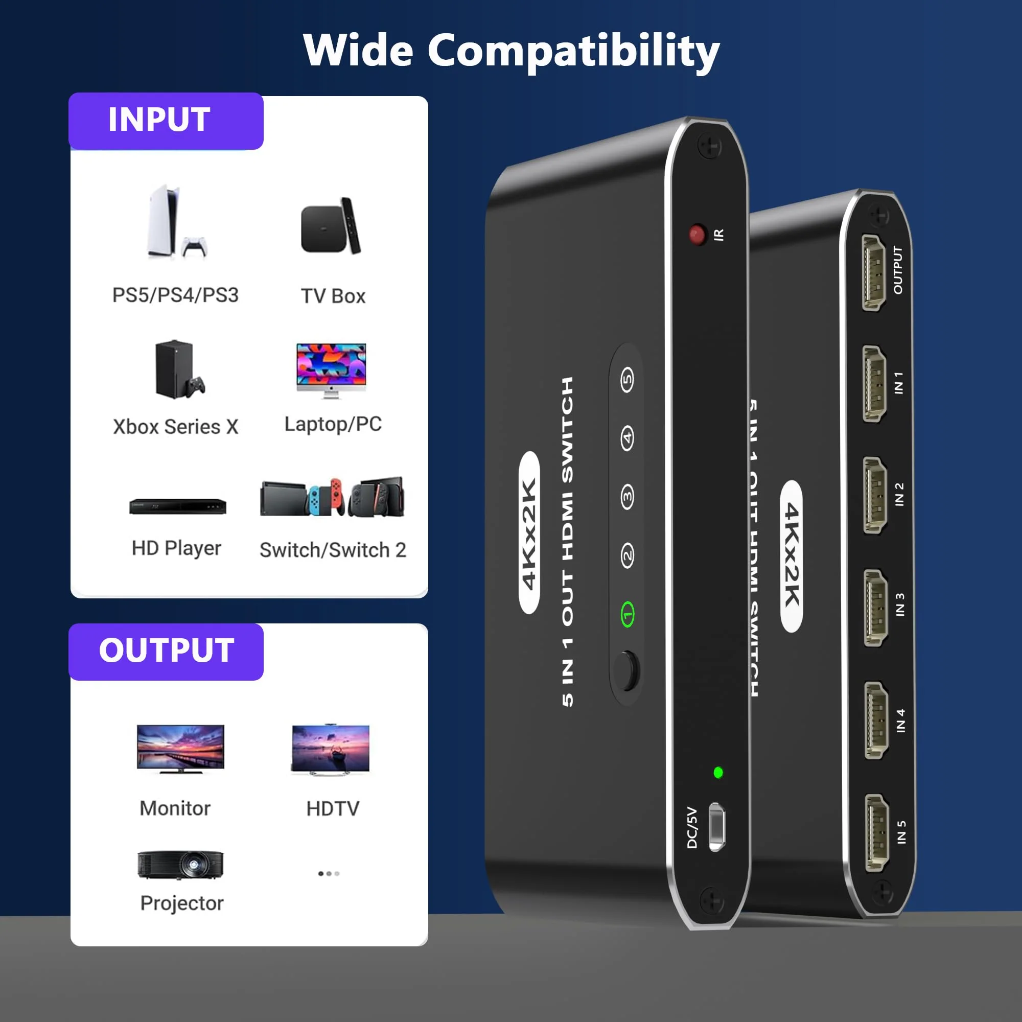 5 in 1 HDMI Switch with Remote 4K, 5 Port HDMI Switcher, HDMI Selector Splitter Box with LED Indicators, Game Switcher Hub with USB Powered for PS5 Xbox Fire Stick Roku TV Monitor - Image 4