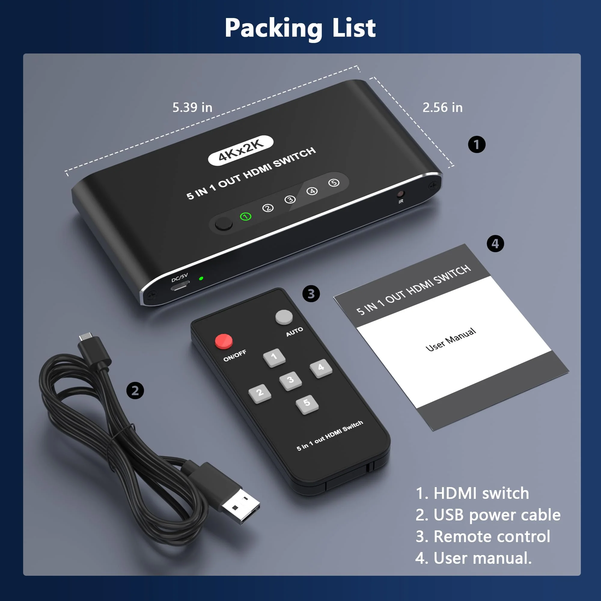 5 in 1 HDMI Switch with Remote 4K, 5 Port HDMI Switcher, HDMI Selector Splitter Box with LED Indicators, Game Switcher Hub with USB Powered for PS5 Xbox Fire Stick Roku TV Monitor - Image 5