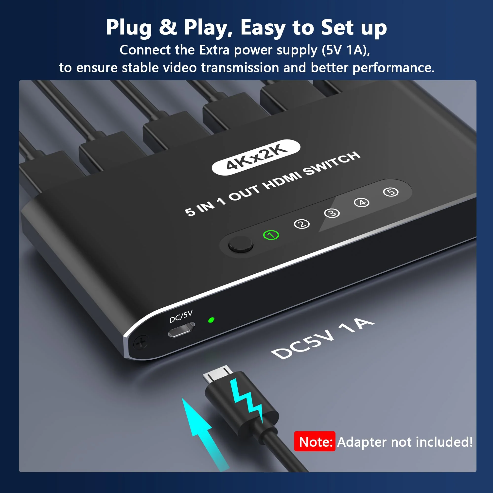 5 in 1 HDMI Switch with Remote 4K, 5 Port HDMI Switcher, HDMI Selector Splitter Box with LED Indicators, Game Switcher Hub with USB Powered for PS5 Xbox Fire Stick Roku TV Monitor - Image 6
