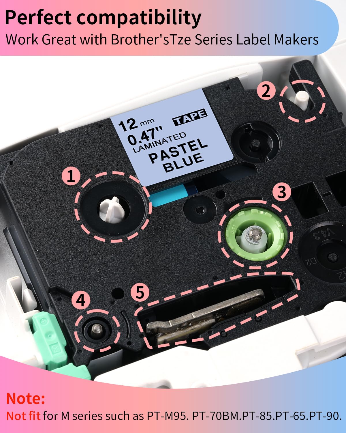 5-Pack Compatible Brother P-Touch Label Tape TZe TZ Tape 12mm 0.47 Laminated Label Maker Tape, for Brother Ptouch PT-D210 PT-H110 PT-D220 PTD610BT D400 D600, White/Berry Pink/Purple/Pink/Blue White / Berry Pink / Pastel Purple / Pastel Pink / Pastel Blue - Image 2