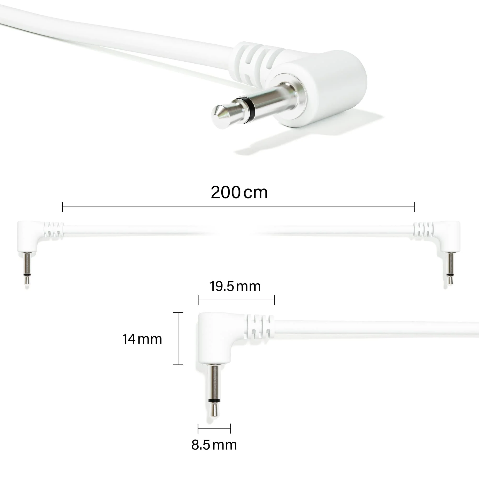 5-Pack - Right Angle Mono Modular Patch Cables - 3.5mm 1/8" Eurorack Synthesizer [White | 150 cm - 59.06"] 150 cm - 59.06" White - Image 2