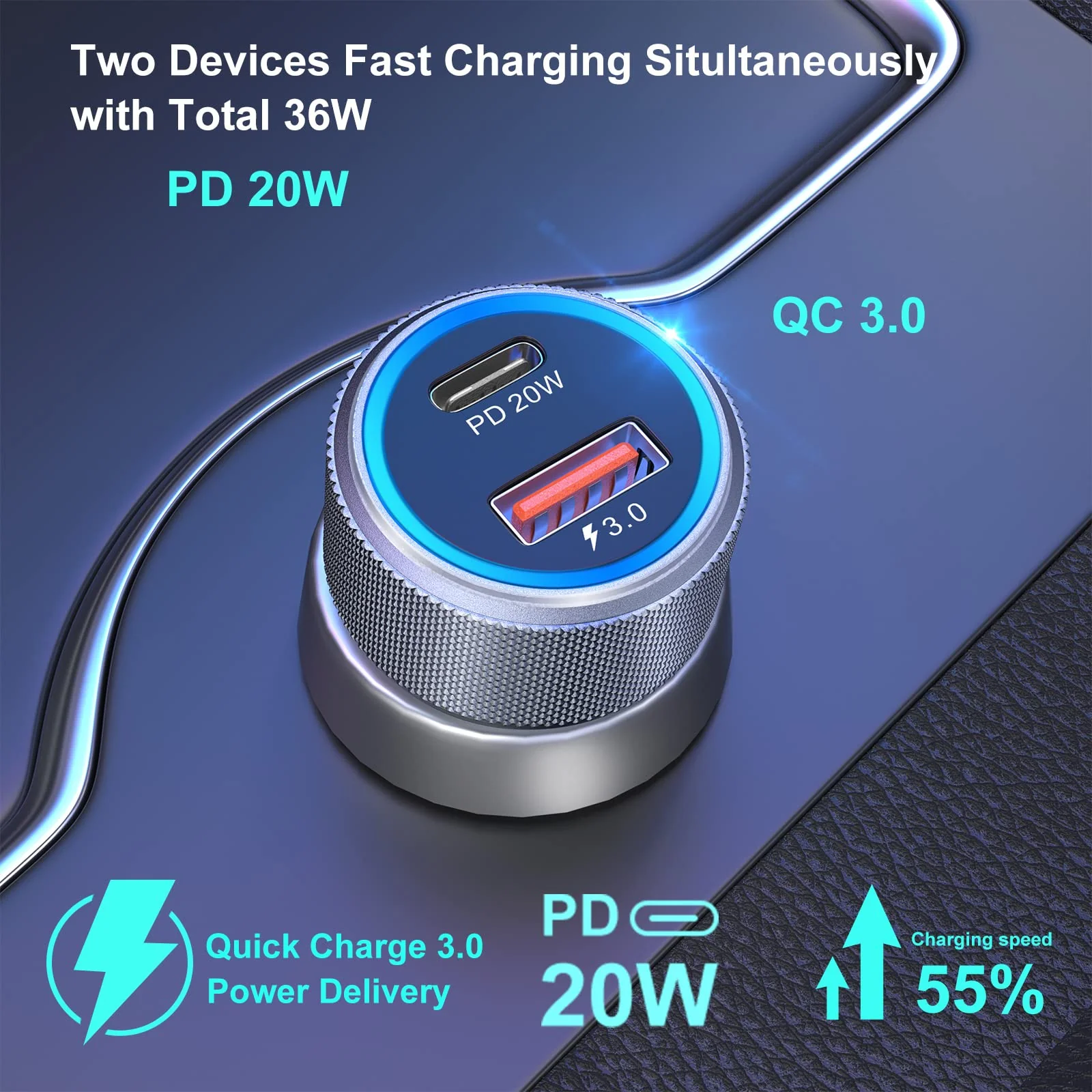 5 Pack USB C Car Charger, Bangfun 36W Dual USB Car Charger Adapter Fast Charge PD&QC 3.0 Cigarette Lighter USB Charger Compatible iPhone 15 14 13 12 11 Pro Max SE,iPad,Samung S24/S21/S20, Pixel(Grey) Grey - Image 2