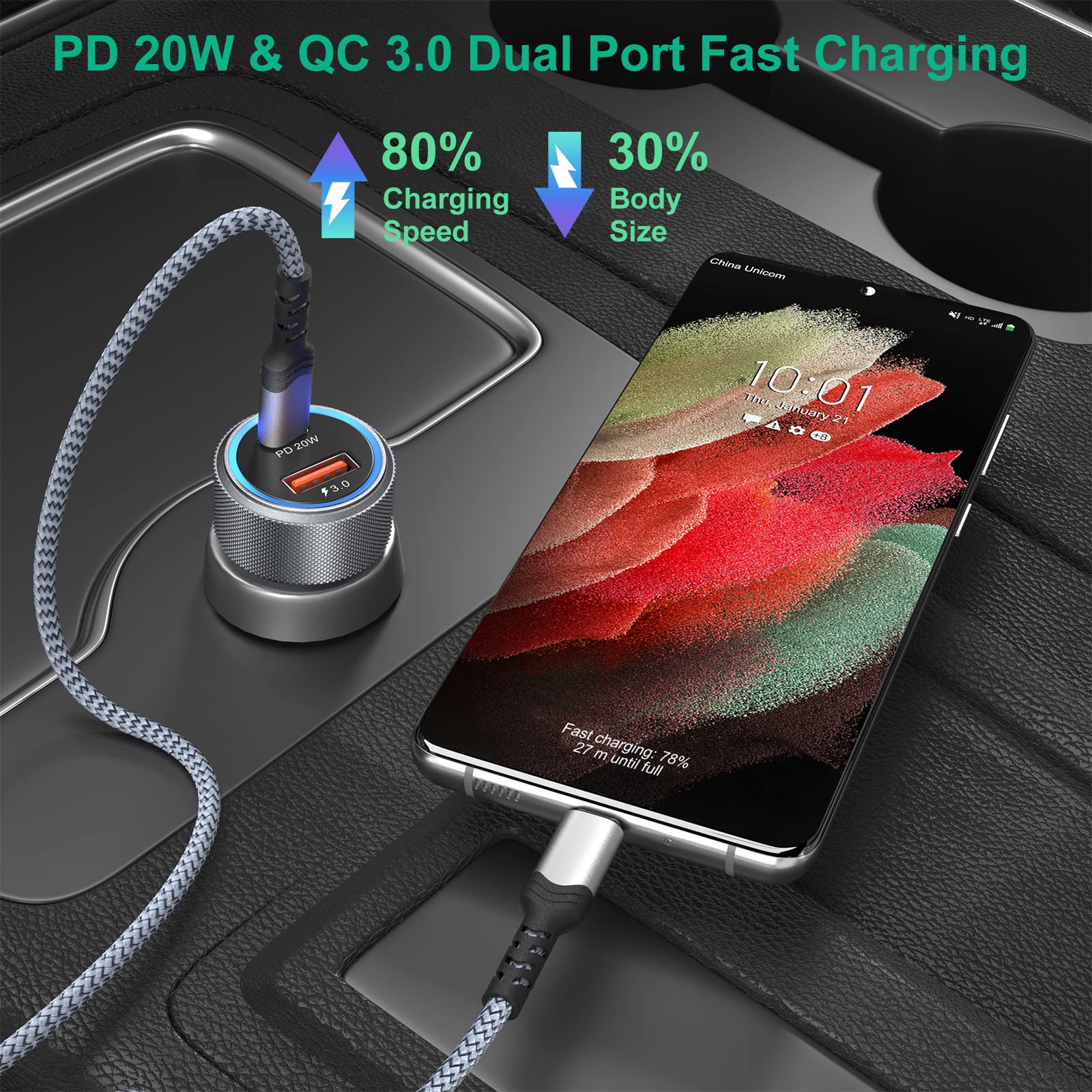 5 Pack USB C Car Charger, Bangfun 36W Dual USB Car Charger Adapter Fast Charge PD&QC 3.0 Cigarette Lighter USB Charger Compatible iPhone 15 14 13 12 11 Pro Max SE,iPad,Samung S24/S21/S20, Pixel(Grey) Grey - Image 3