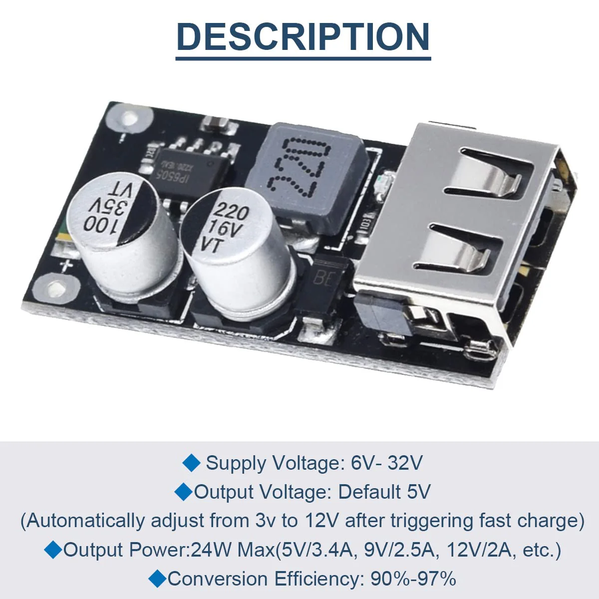 5 Pcs 6-32V 9V 12V 24V to 5V 3A Fast Charging Module USB QC3.0 QC2.0 DC-DC Buck Converter Step-Down Quick Charger Circuit Board with USB Cable, 24AWG Wire 1 Port USB - Image 2