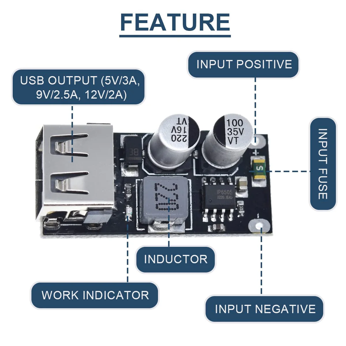 5 Pcs 6-32V 9V 12V 24V to 5V 3A Fast Charging Module USB QC3.0 QC2.0 DC-DC Buck Converter Step-Down Quick Charger Circuit Board with USB Cable, 24AWG Wire 1 Port USB - Image 5