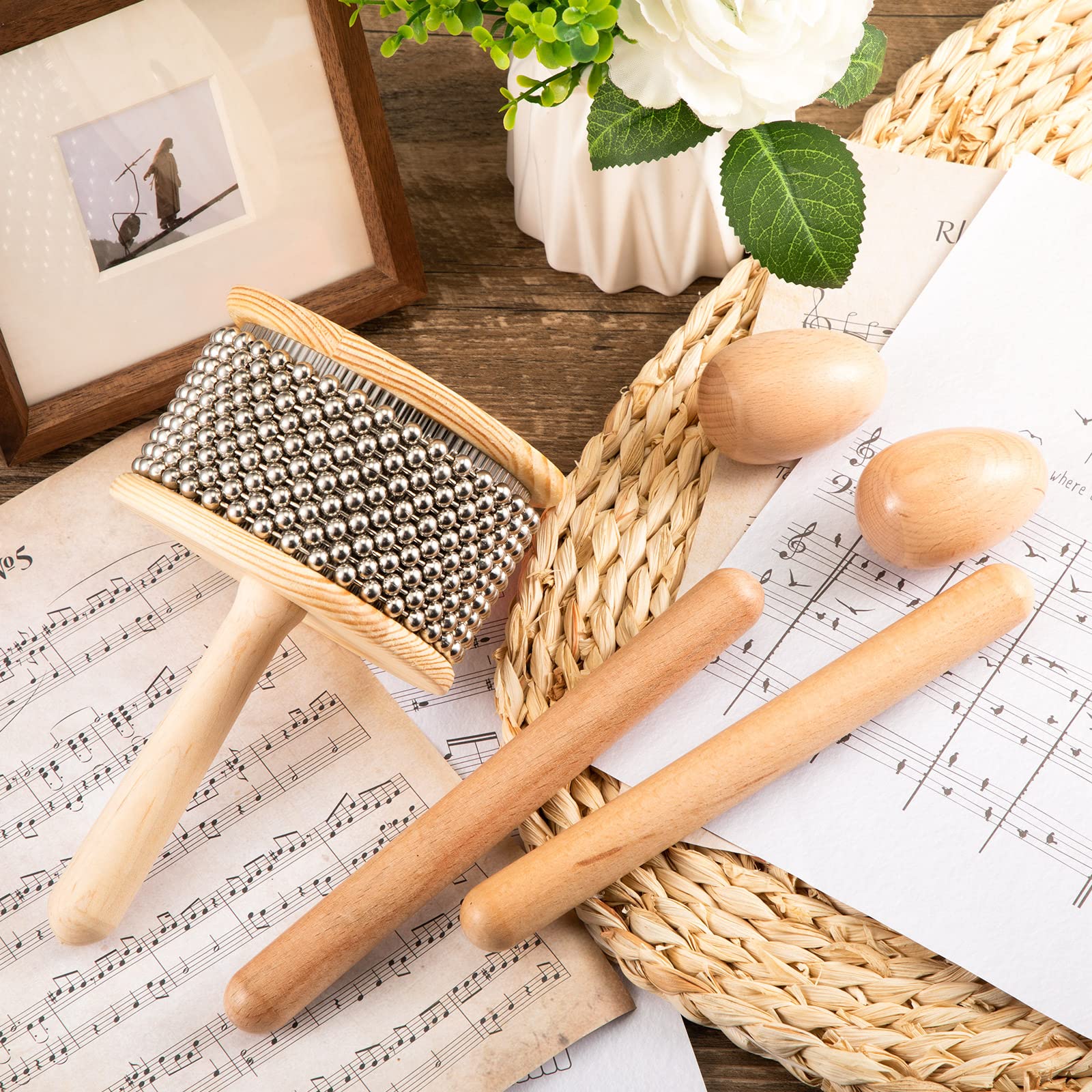 5 Pcs Cabasa Music Instrument for Baby Shower Gifts Wooden Hand Percussion Instrument Set with Stainless Steel Breads Latin Percussion Instrument Classical Wood Claves Rhythm Sticks Egg Shakers - Image 4