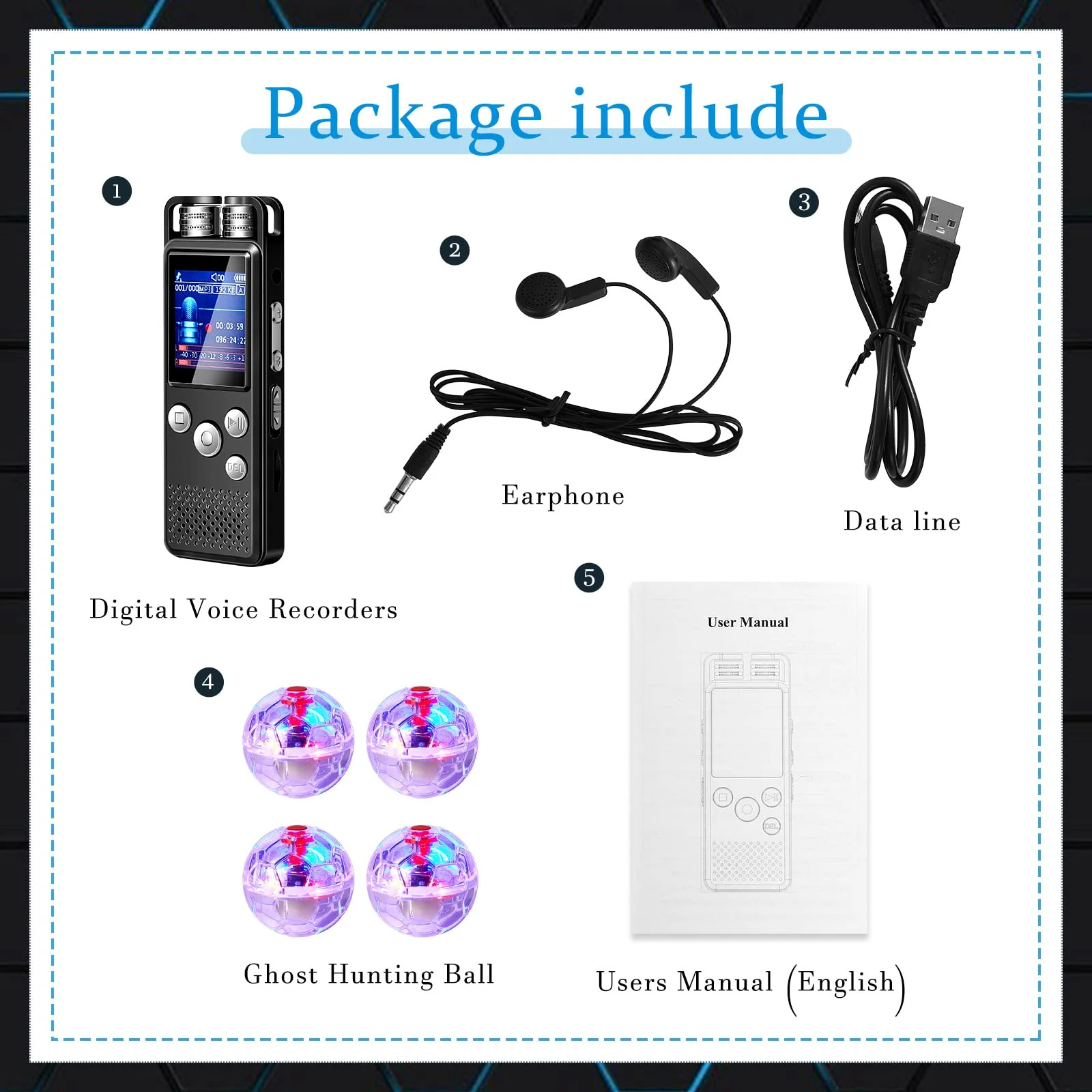 5 Pcs Ghost Hunting Kit includes Digital Voice Recorders with 4 LED Cat Balls Motion Activated Cat Ball Toy Voice Activated Recorder with Playback for Pet Cat Dog Animals (8 GB,Chic Style) - Image 2