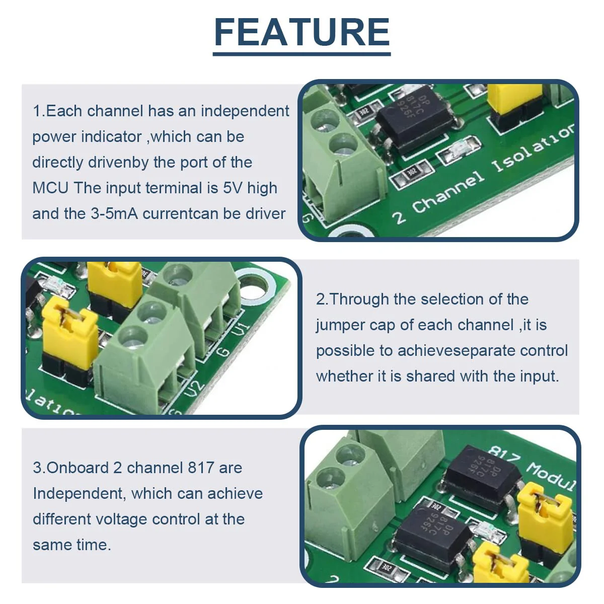 5 Pcs PC817 2 Channel Optocoupler Isolation Module 3.6-30V Voltage Converter Driver Photoelectric Isolated Board for Control Relay with 24AWG Wire - Image 5