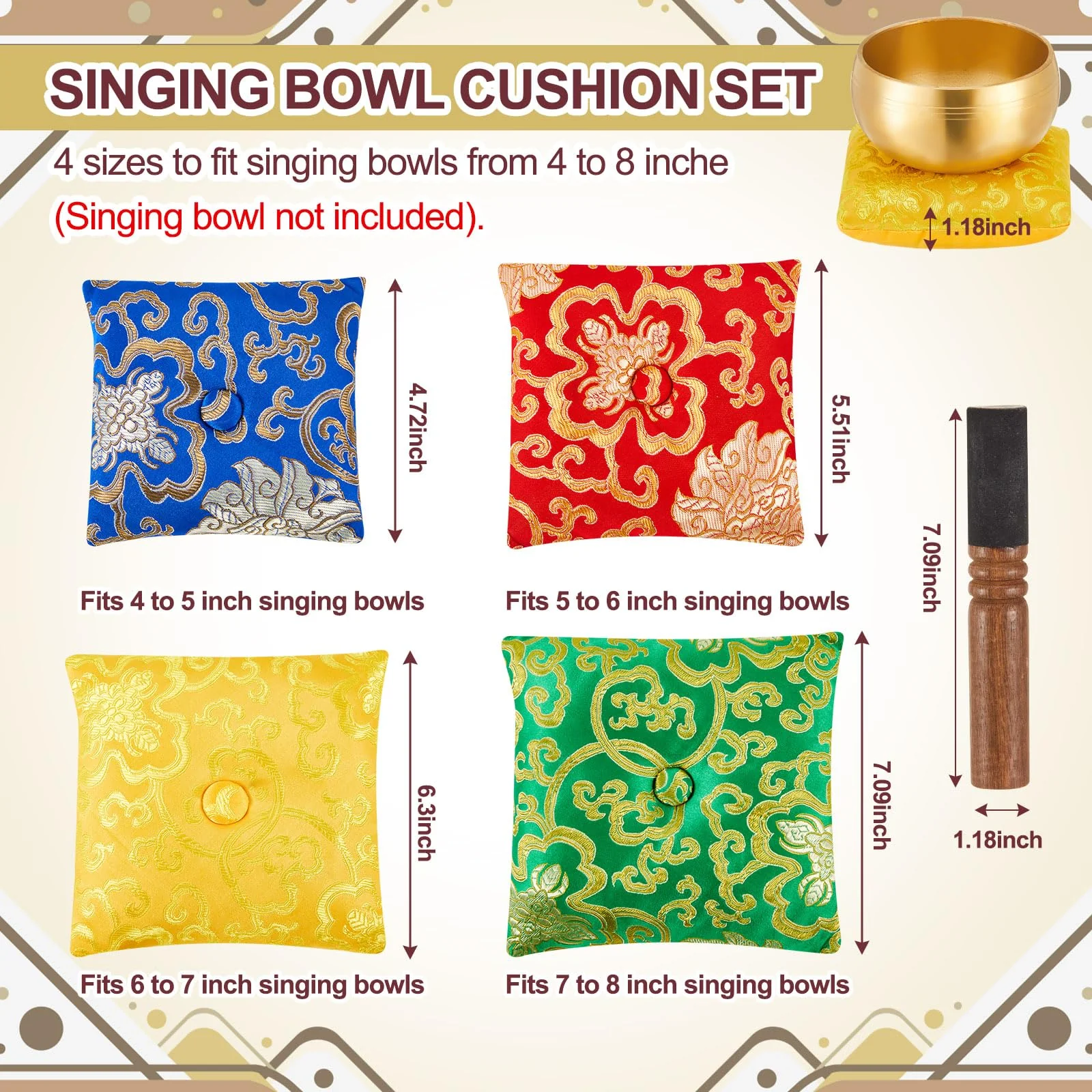 5 Pcs Silk Singing Bowl Cushion Set 4 Square Singing Bowl Cushion Pillow Pad with Wood Mallet for 4-8 Inch Tibetan Crystal Sound Bowls, 4 Sizes - Image 2