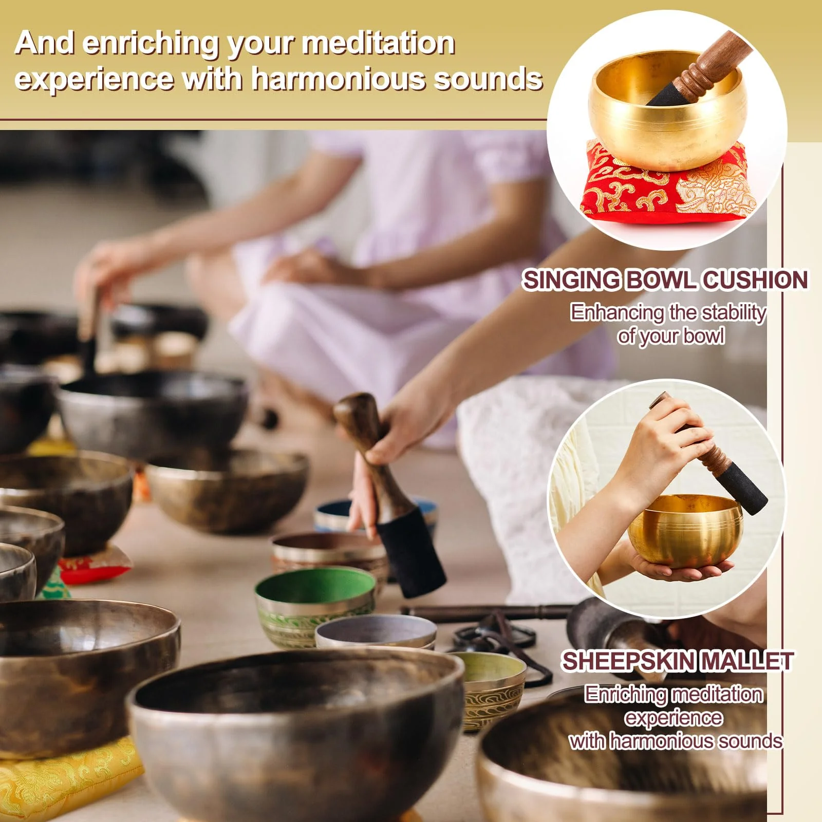 5 Pcs Silk Singing Bowl Cushion Set 4 Square Singing Bowl Cushion Pillow Pad with Wood Mallet for 4-8 Inch Tibetan Crystal Sound Bowls, 4 Sizes - Image 3