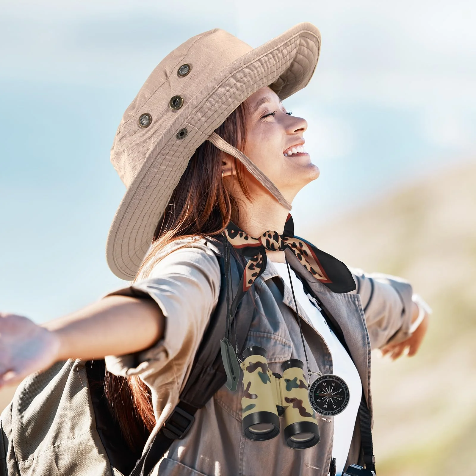 5 Pcs Women Safari Costume Sun Bucket Hat Leopard Neck Scarf Binocular Whistle Compass Safari Outfit Accessories for Halloween Hunting Cosplay - Image 2