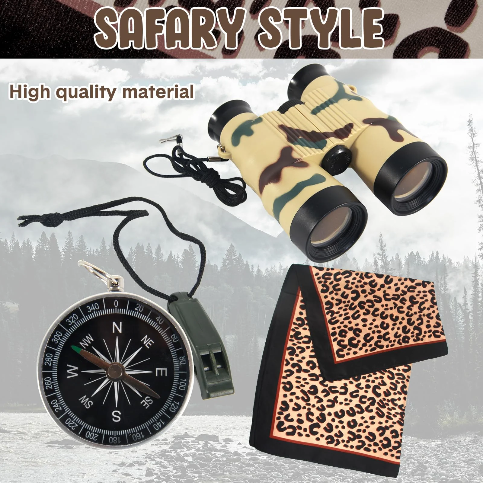 5 Pcs Women Safari Costume Sun Bucket Hat Leopard Neck Scarf Binocular Whistle Compass Safari Outfit Accessories for Halloween Hunting Cosplay - Image 4