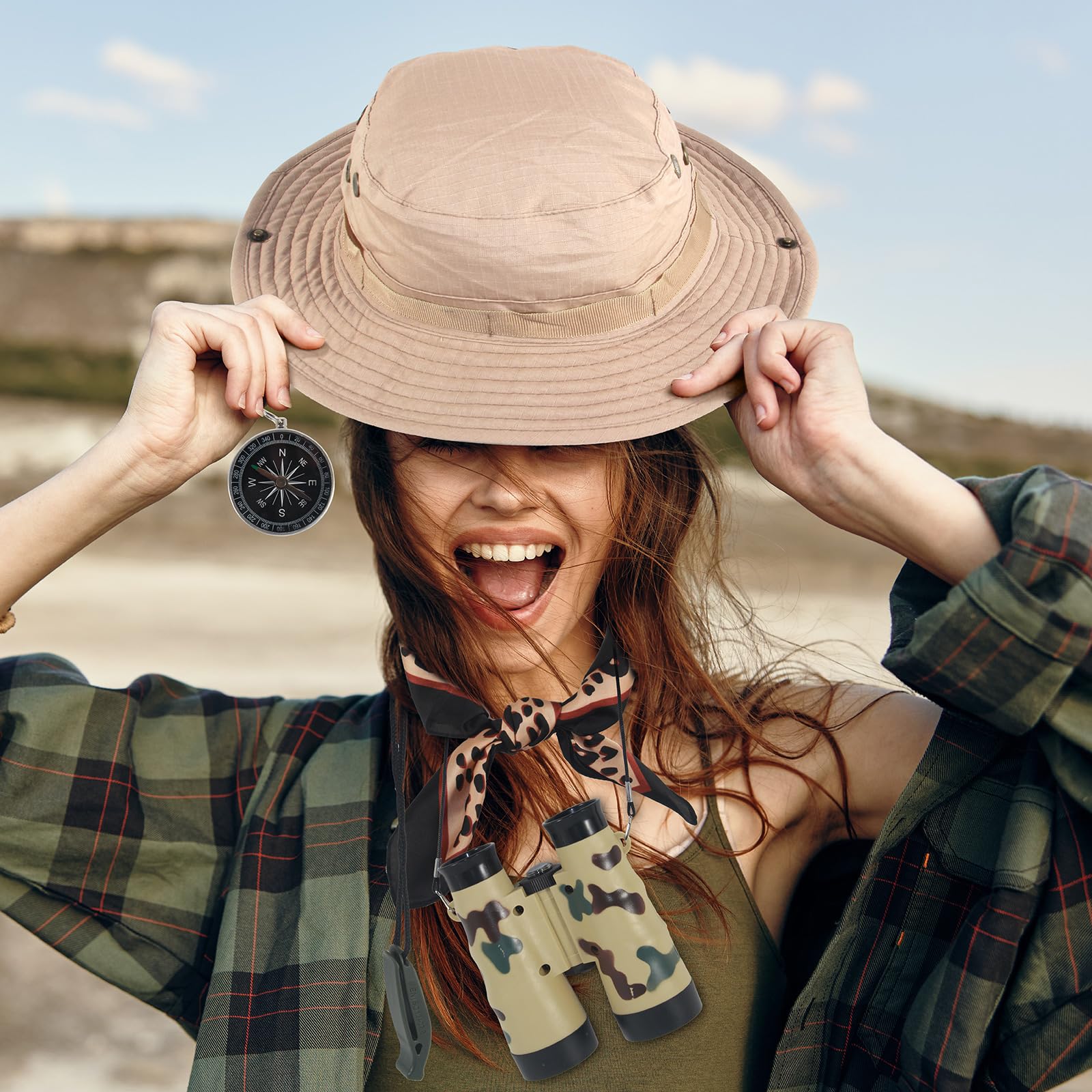 5 Pcs Women Safari Costume Sun Bucket Hat Leopard Neck Scarf Binocular Whistle Compass Safari Outfit Accessories for Halloween Hunting Cosplay - Image 5