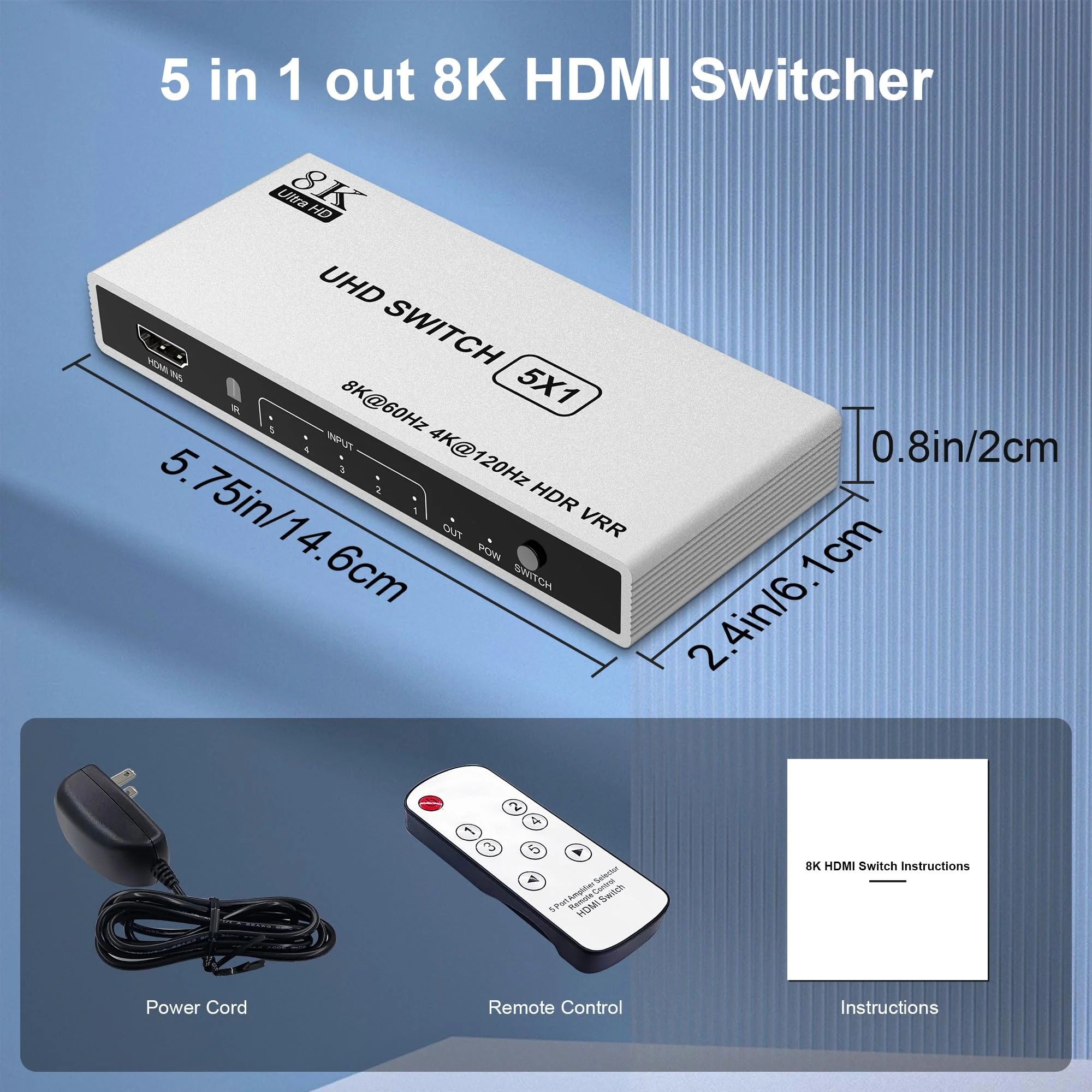5 Port HDMI 2.1 Switch 8K@60Hz 4K@120Hz HDMI Switcher Selector 5 in 1 Out with Remote Support Auto-Switching, 48Gbps, PS5, Xbox Series X, HDR 10+, Dolby Vision, HDCP 2.3 Silver - Image 8