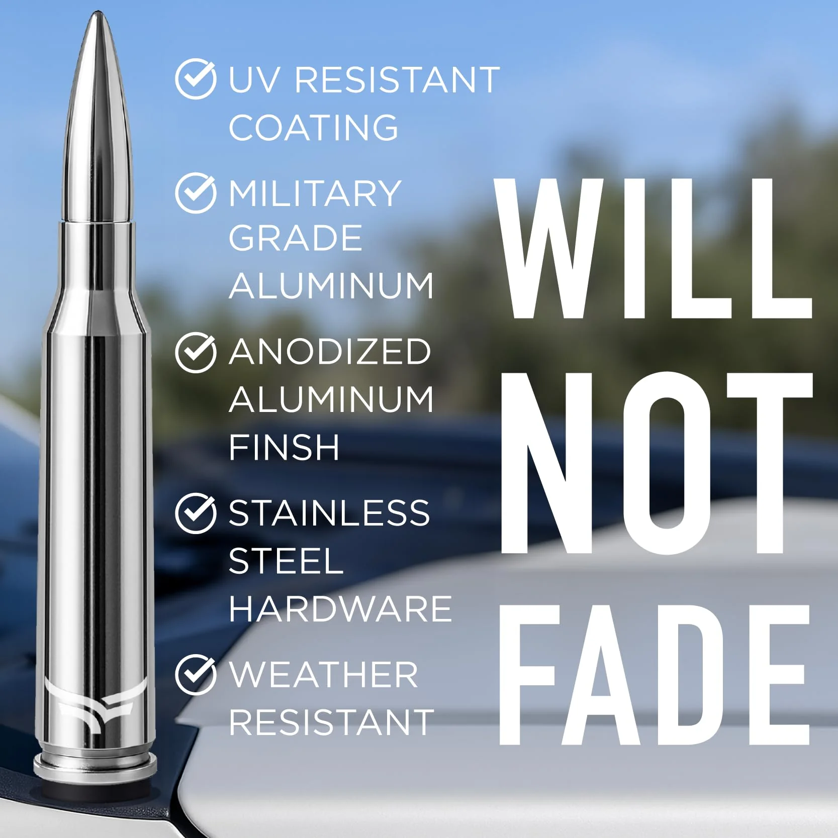 50 Cal Badass Bullet Antenna® Fits Chevy Silverado & GMC Sierra Truck Accessories — Short Replacement Antenna for Trucks — Chevy Silverado 1500 Accessories — Ditch The Whip & Upgrade Your Truck Silver/Chrome - Image 3