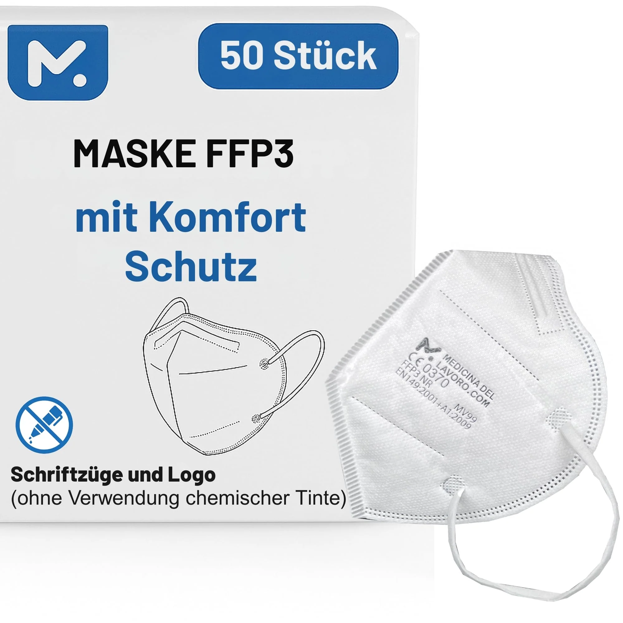 50 FFP3 Mouth and Nose Protection Mask with EC Certification, 5-Layer Mask without Valve, Dust and Particulate Protection Mask, Medical Protective Mask with High PFE Filter Efficiency ≥ 99, 50