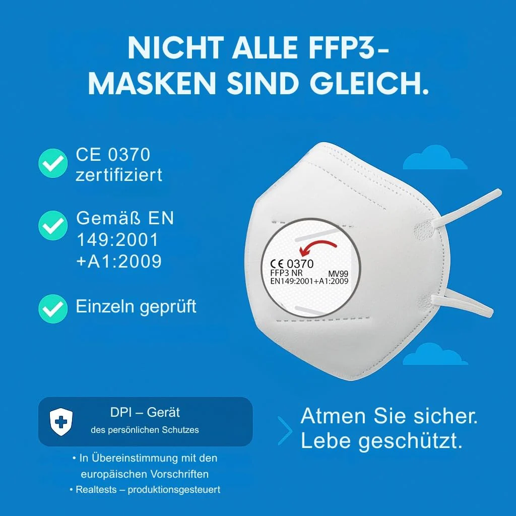 50 FFP3 Mouth and Nose Protection Mask with EC Certification, 5-Layer Mask without Valve, Dust and Particulate Protection Mask, Medical Protective Mask with High PFE Filter Efficiency ≥ 99, 50 - Image 7