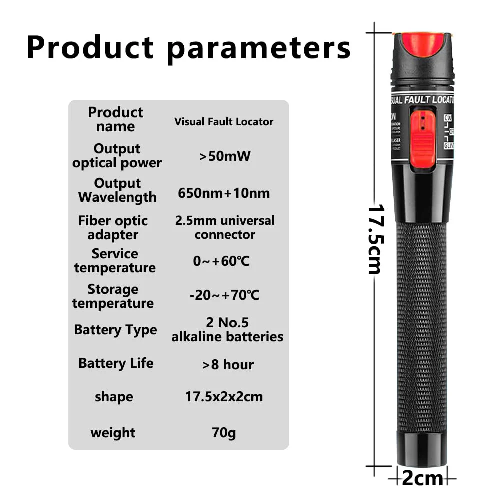 50 MW FTTH Fibre Optic Tester, Visual Fault 50 km Locator Fibre Optic Cable Tester Fibre Optical, VFL Fibre Optic Tester, Fibre Optic Cable Tester with Singlemode 9/125 um FC Male to LC Female Adapter red - Image 2