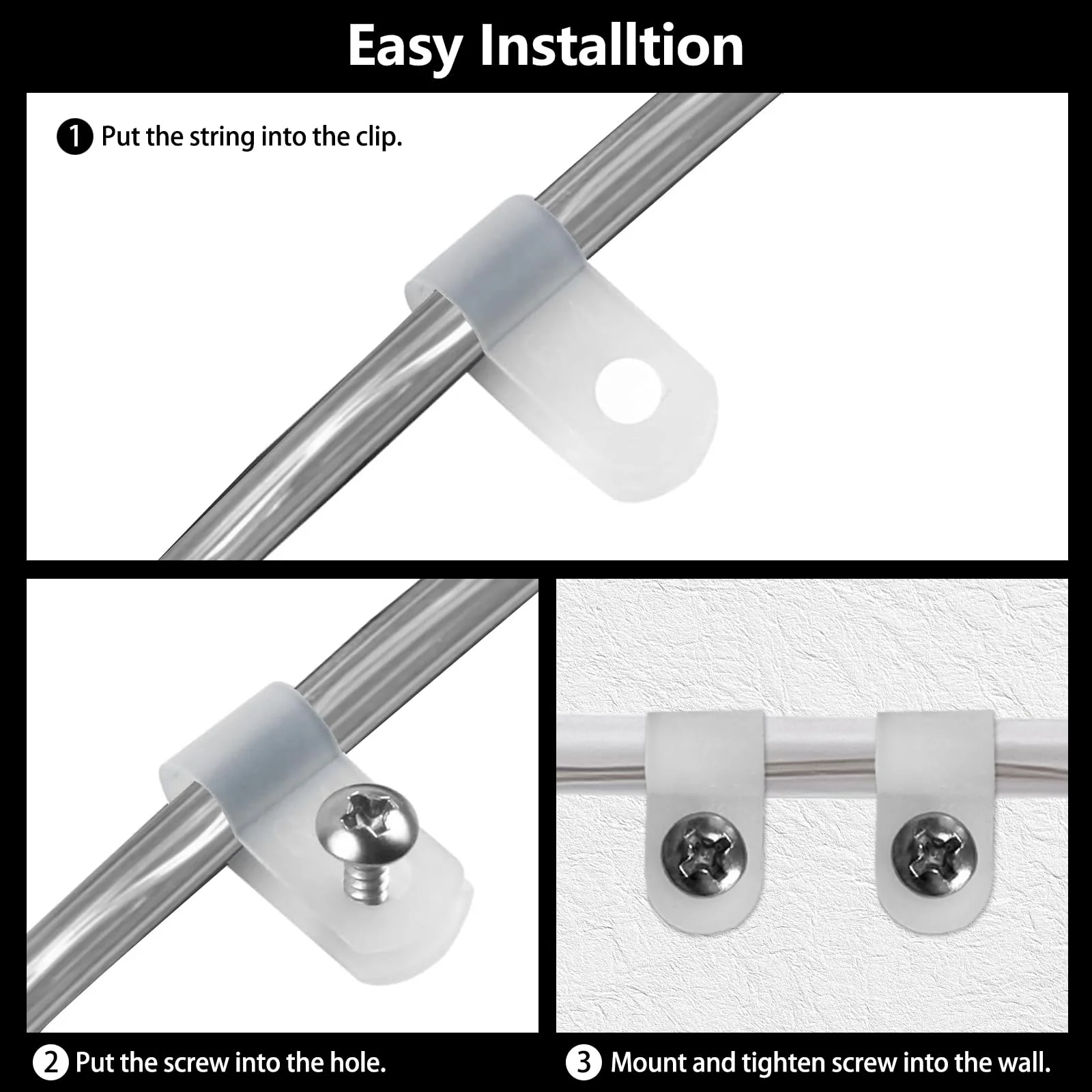 50 Pack 1/5 Inch Rope Light Clips with Stainless Steel Screws, P-Style Rope Light Mounting Clips, Outdoor Light Clips for String Lights, Christmas Light Clips Cable Wire Clamps 50 Pack - Image 6