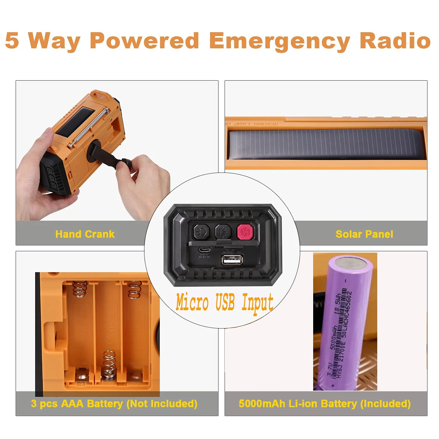 5000 Weather Radio,Solar Hand Crank 5-Way Power Emergency Radio,AM/FM/Shortwave/NOAA Alert Survival Portable Radio,Power Bank USB Charger,Camping Flashlight,Reading Lamp,Headphone Jack,SOS,Compass Yellow - Image 3