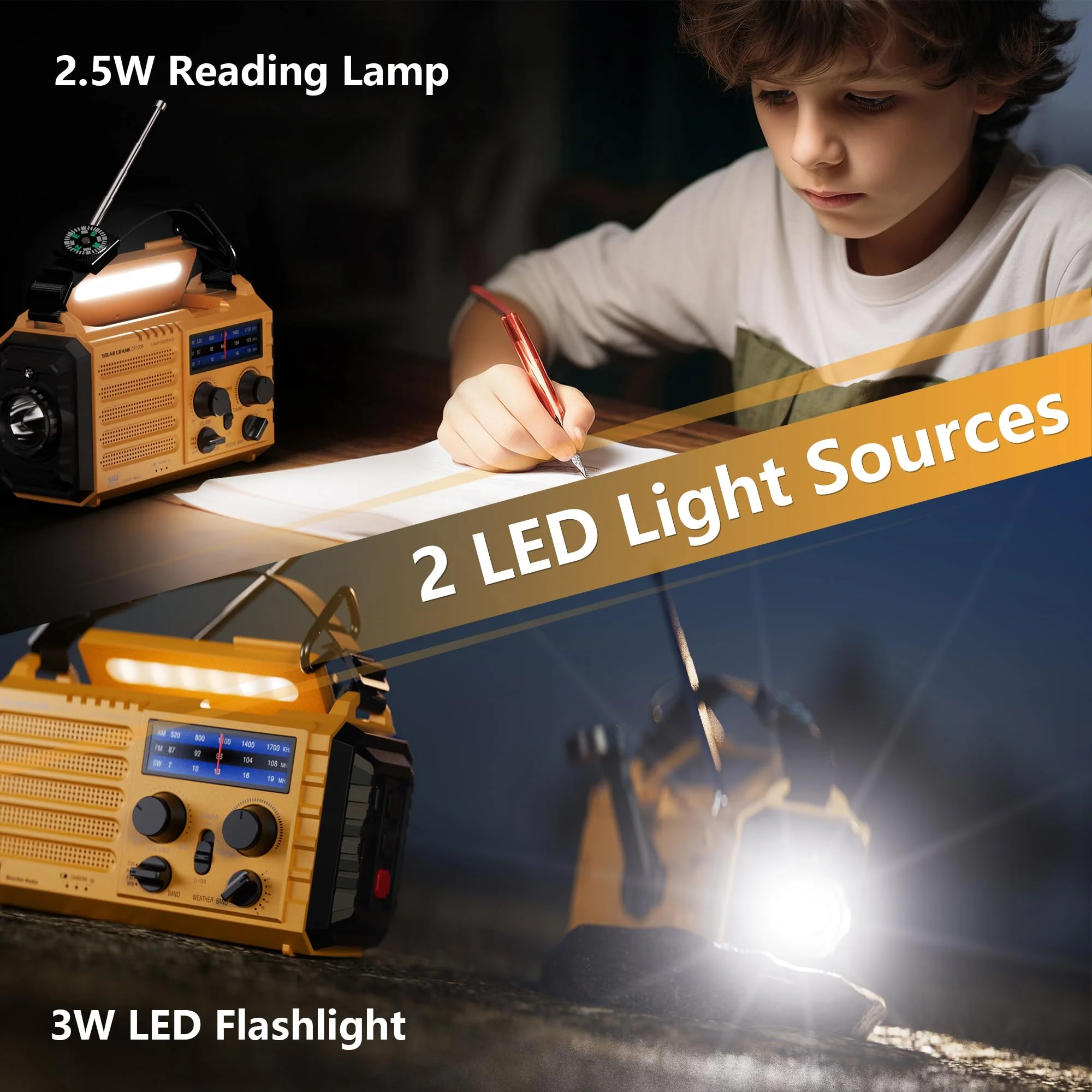 5000 Weather Radio,Solar Hand Crank 5-Way Power Emergency Radio,AM/FM/Shortwave/NOAA Alert Survival Portable Radio,Power Bank USB Charger,Camping Flashlight,Reading Lamp,Headphone Jack,SOS,Compass Yellow - Image 5