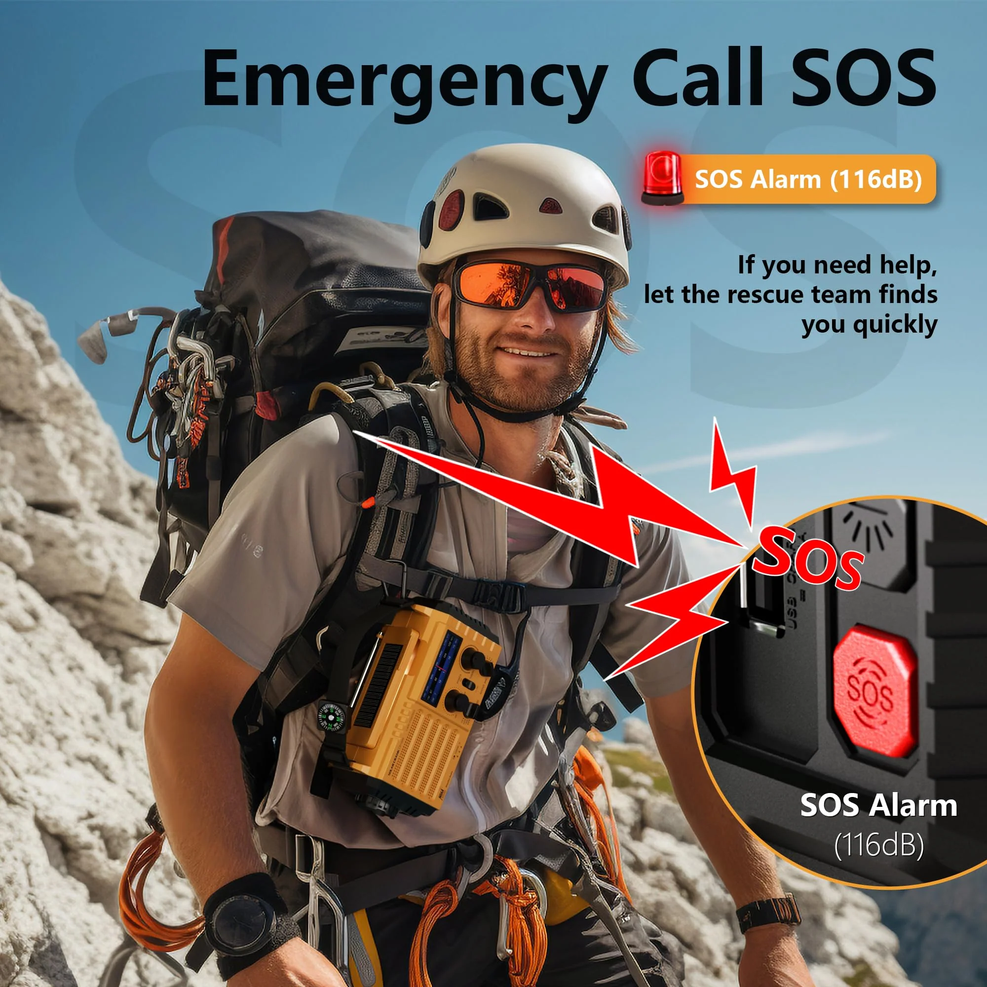 5000 Weather Radio,Solar Hand Crank 5-Way Power Emergency Radio,AM/FM/Shortwave/NOAA Alert Survival Portable Radio,Power Bank USB Charger,Camping Flashlight,Reading Lamp,Headphone Jack,SOS,Compass Yellow - Image 6