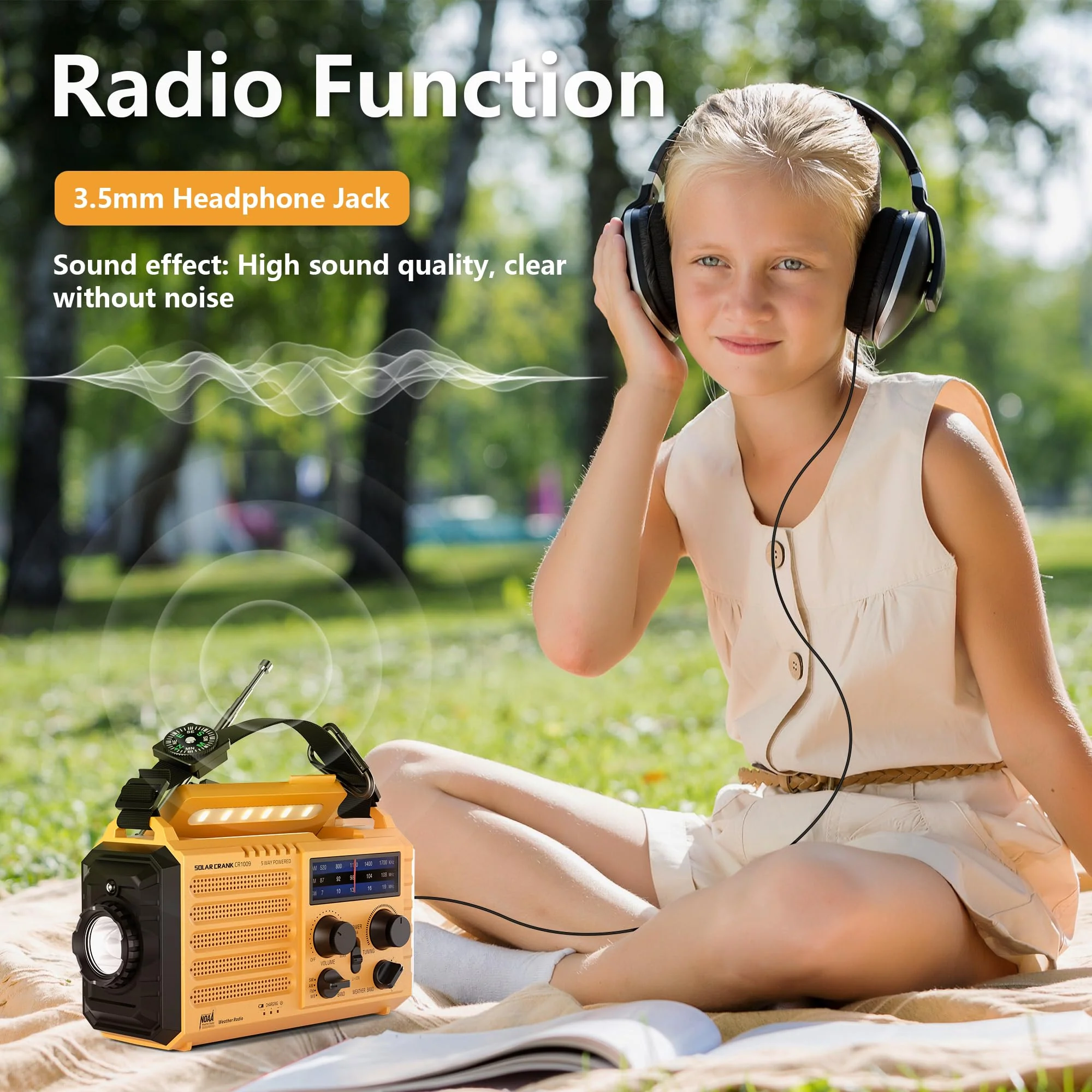 5000 Weather Radio,Solar Hand Crank 5-Way Power Emergency Radio,AM/FM/Shortwave/NOAA Alert Survival Portable Radio,Power Bank USB Charger,Camping Flashlight,Reading Lamp,Headphone Jack,SOS,Compass Yellow - Image 7
