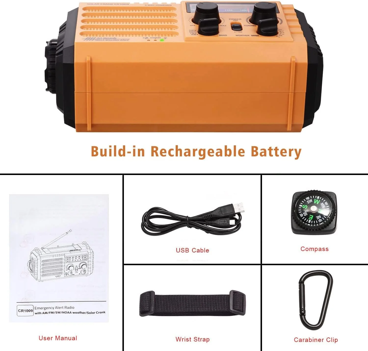 5000 Weather Radio,Solar Hand Crank 5-Way Power Emergency Radio,AM/FM/Shortwave/NOAA Alert Survival Portable Radio,Power Bank USB Charger,Camping Flashlight,Reading Lamp,Headphone Jack,SOS,Compass Yellow - Image 8