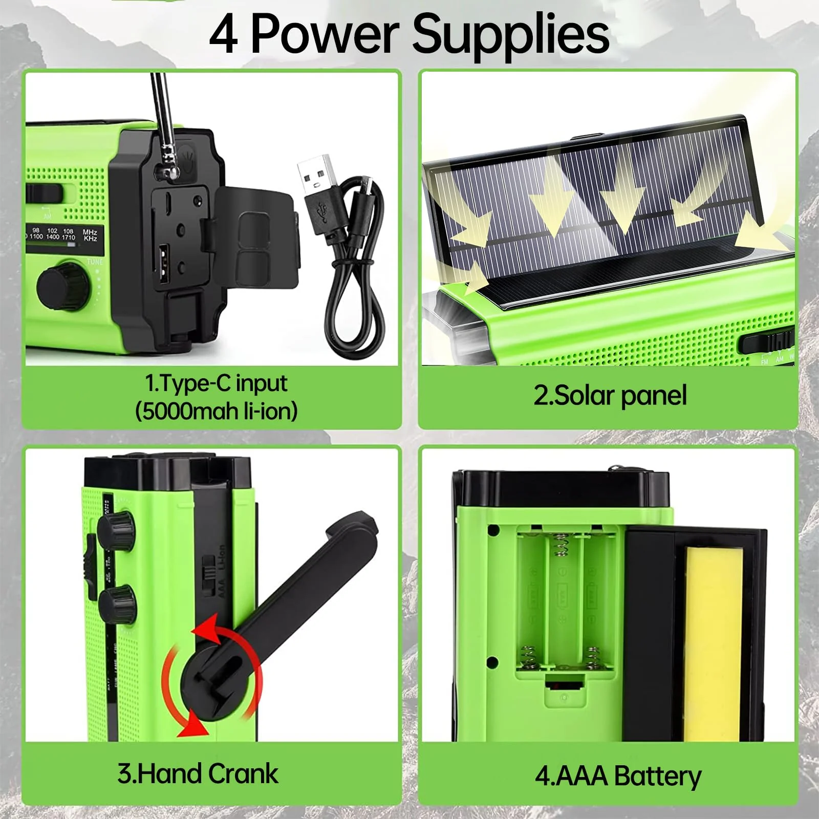 5000mAh/18500mWh Emergency Hand Crank Radio with 2 Solar Panels,Portable AM FM NOAA Weather Radio,Rechargeable Battery Powered Radio,USB Charger,SOS,Flashlight,Reading Lamp for Home Outdoor Green - Image 3