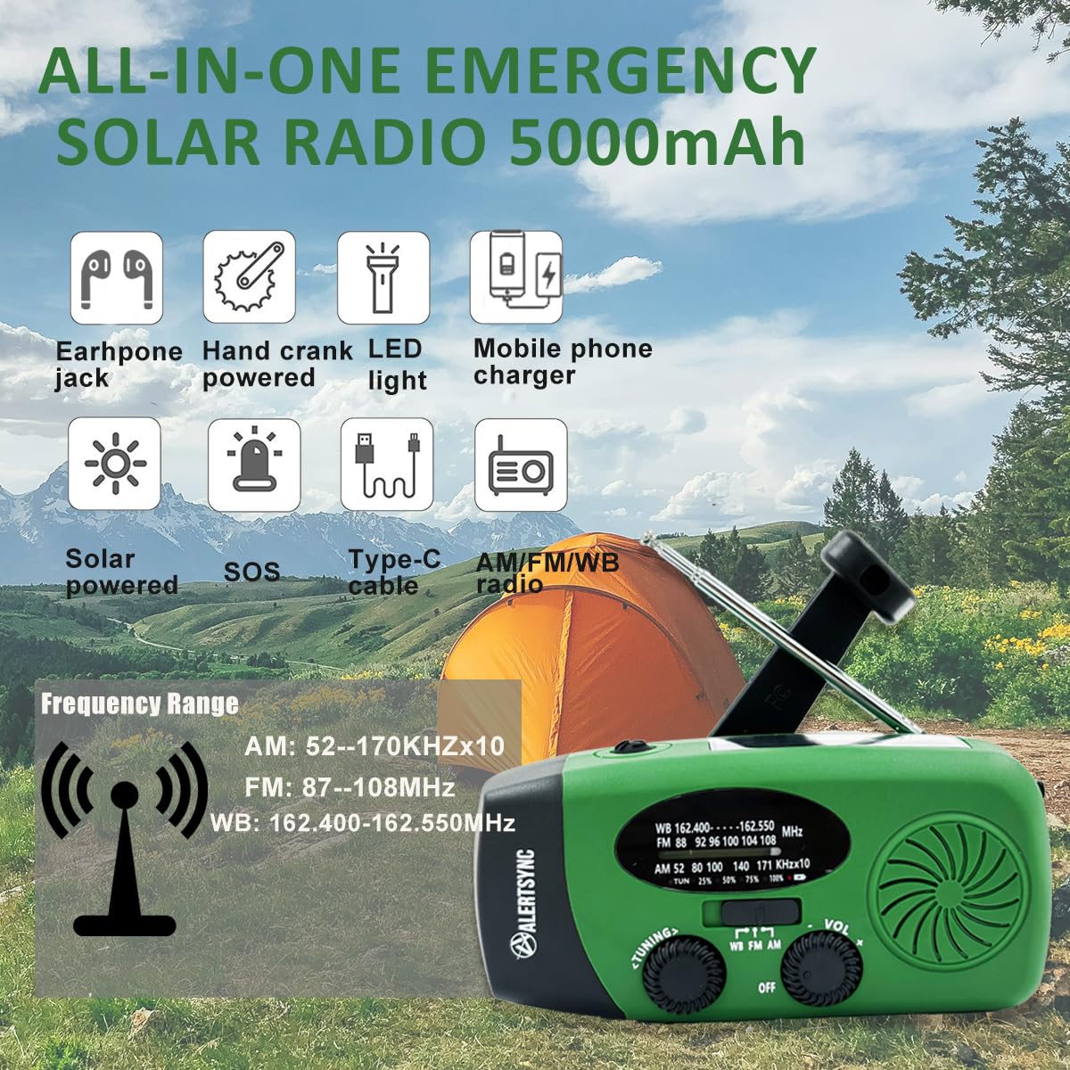 5000mah Alertsync NOAA Weather Emergency Radio with Solar Charging, AM FM Hand Crank Windup Radio SOS Alarm LED Flashlight with Earphone Jack for Home, Camping, Survival Hurricane (Green) 5000mah green - Image 3