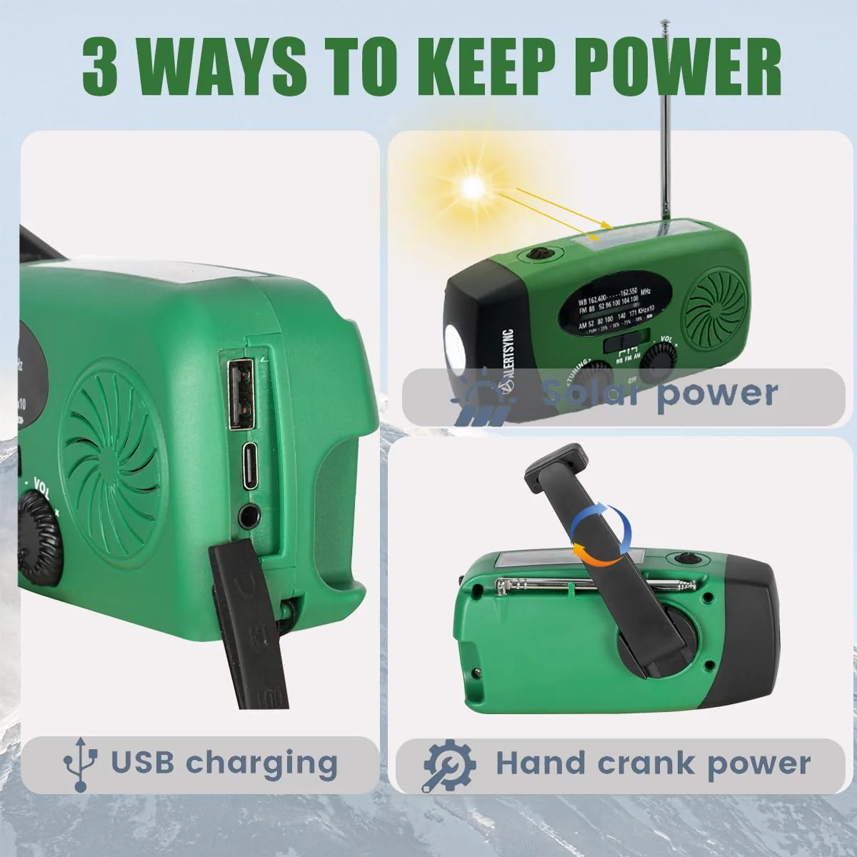 5000mah Alertsync NOAA Weather Emergency Radio with Solar Charging, AM FM Hand Crank Windup Radio SOS Alarm LED Flashlight with Earphone Jack for Home, Camping, Survival Hurricane (Green) 5000mah green - Image 4