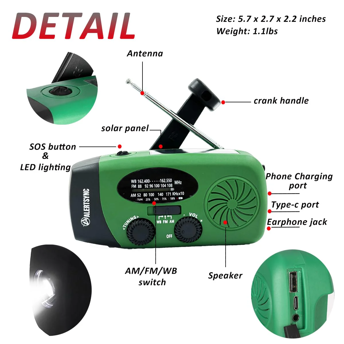 5000mah Alertsync NOAA Weather Emergency Radio with Solar Charging, AM FM Hand Crank Windup Radio SOS Alarm LED Flashlight with Earphone Jack for Home, Camping, Survival Hurricane (Green) 5000mah green - Image 7