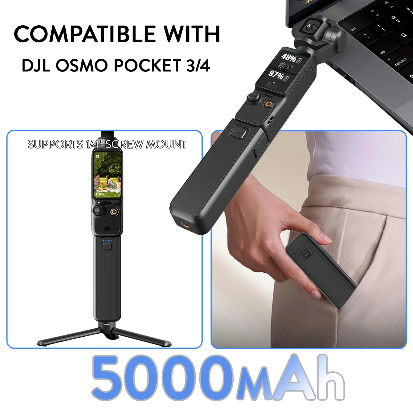 5000mAh Fast Charging Battery Handle for DJI Osmo Pocket 3 Accessories Battery Grips for Xtra Muse, Supports External Audio Devices, Data Transfer & Features a Reserved 1/4” Thread - Image 4