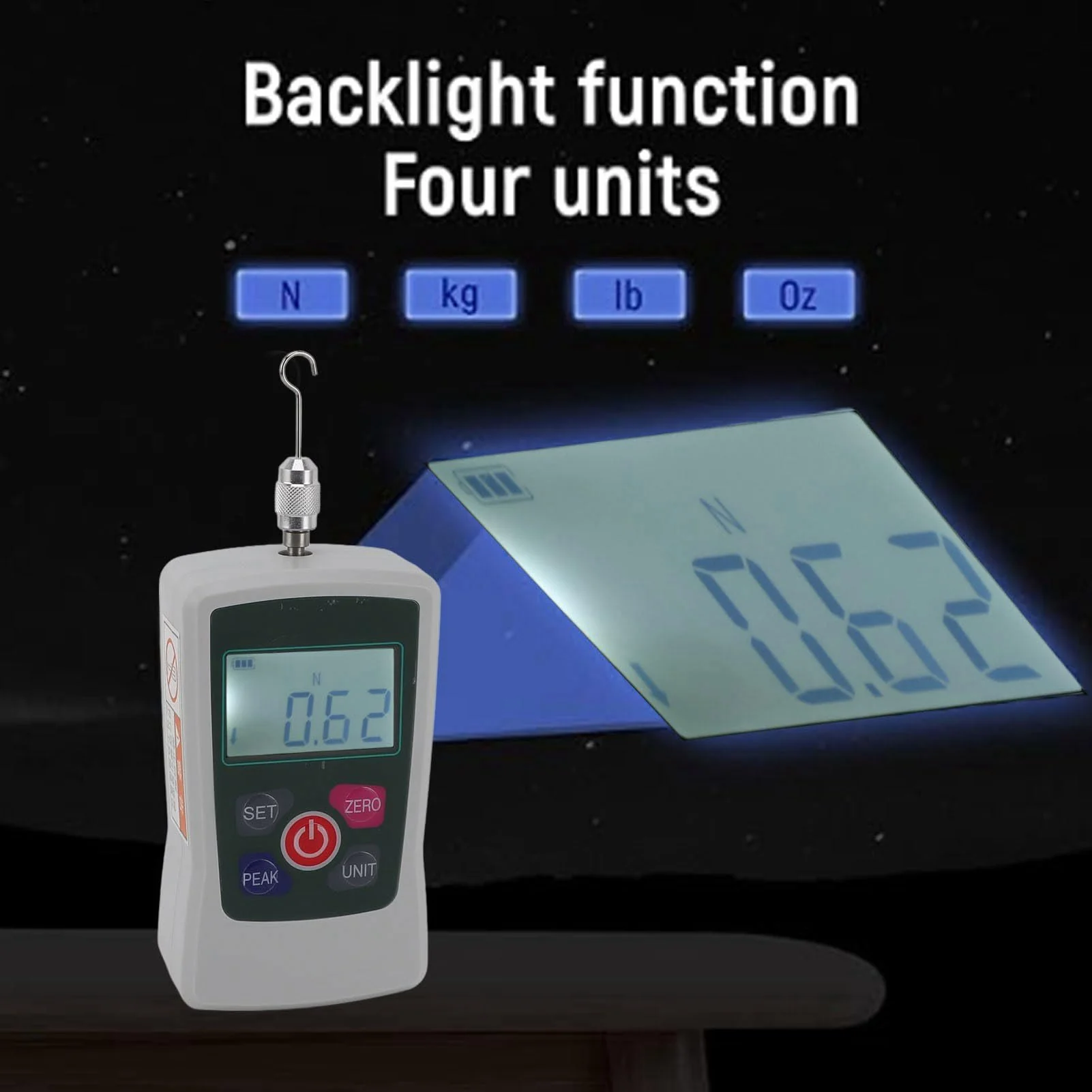 500N Digital Force Gauge, Pressure Pull Dynamometer, Handheld Pressure Tension Gauge with Unit Switching, Backlit Display and Automatic Shut-Off - Image 2