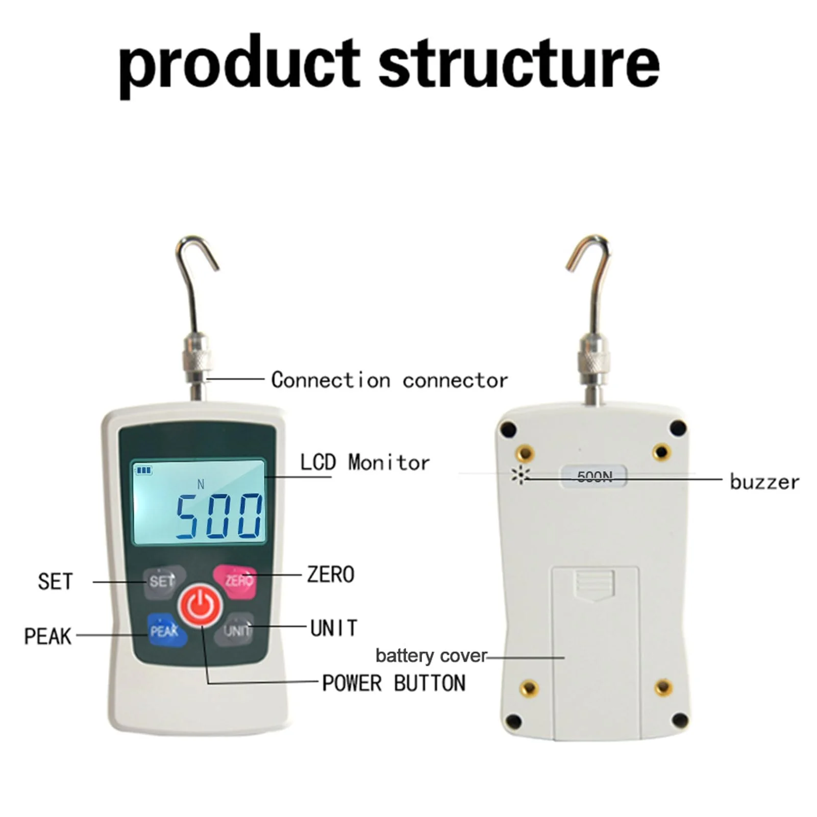 500N Digital Force Gauge, Pressure Pull Dynamometer, Handheld Pressure Tension Gauge with Unit Switching, Backlit Display and Automatic Shut-Off - Image 4