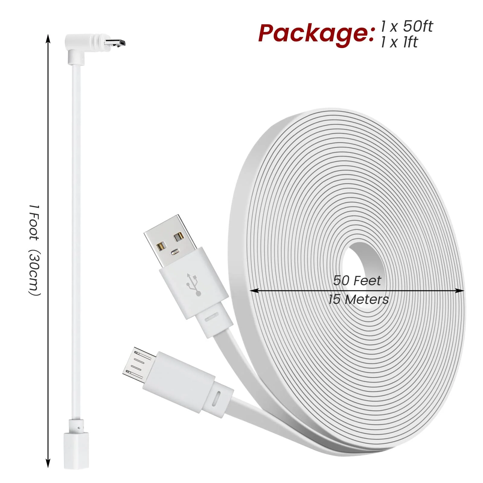 50ft Power Cable for Wyze Cam v4,Wyze Cam Pan v3,Wyze OG,Wyze Cam v3 and v3 Pro Security Cameras - 15m Long Flat Extension USB to Micro USB Charging Cord with L-Shaped Adapter, White - Image 7