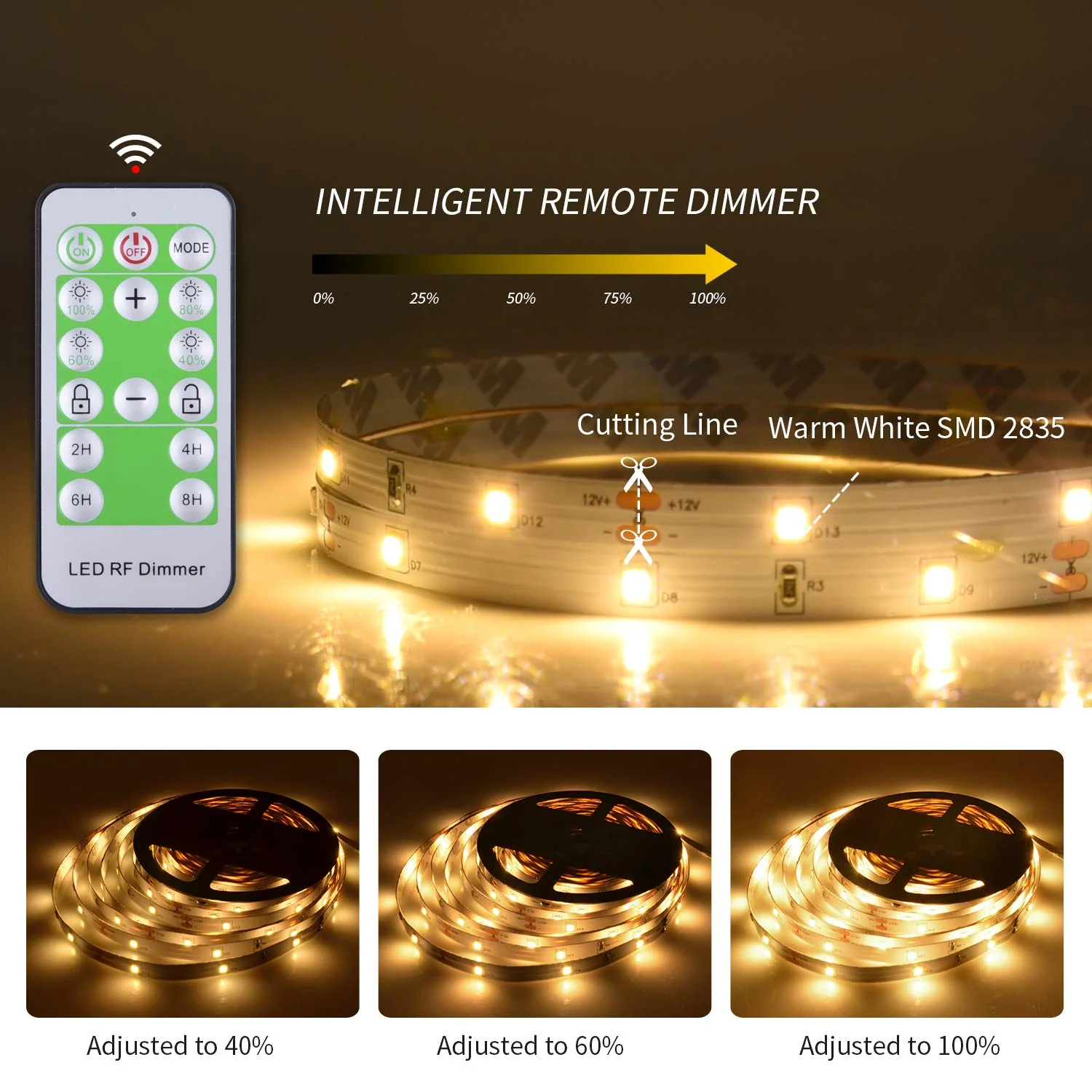 50ft Warm White LED Strip Lights,12V Dimmable Tape Lighting with Infrared Remote,SMD 2835 LEDs Adhesive Ribbon Light,Connectable,Cuttable,Indoor Rope Light for Room Mirror Bedroom Cabinet 50ft Warm white 50FT/15M - Image 2