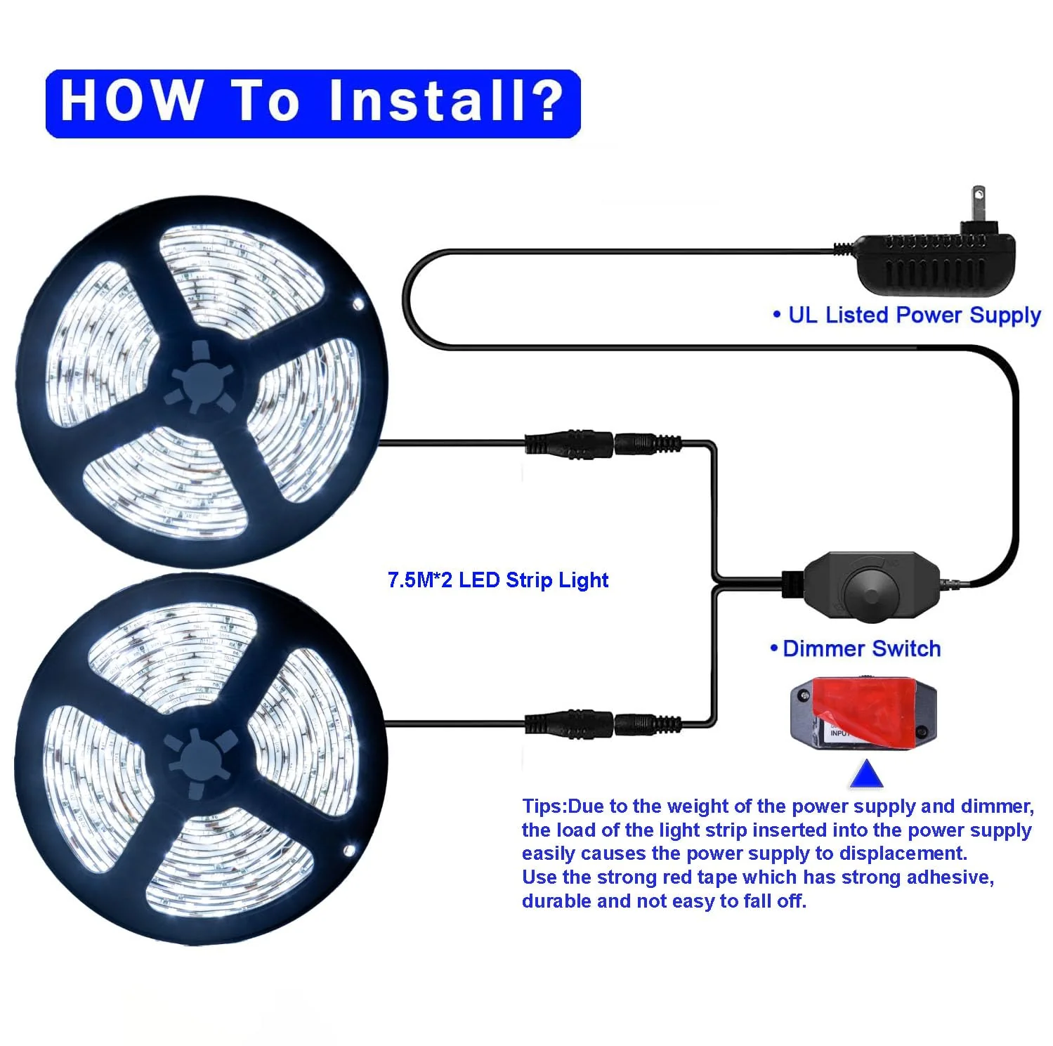 50ft White Led Strip Lights, 12V Outdoor Strip Lights Waterproof Flexible Led Light Strip Indoor Plug in Cuttable SMD2835 Dimmable Led Strip Light for Bedroom Cabinet Kitchen TV Hallway Daylight White 50FT With Adapter - Image 4