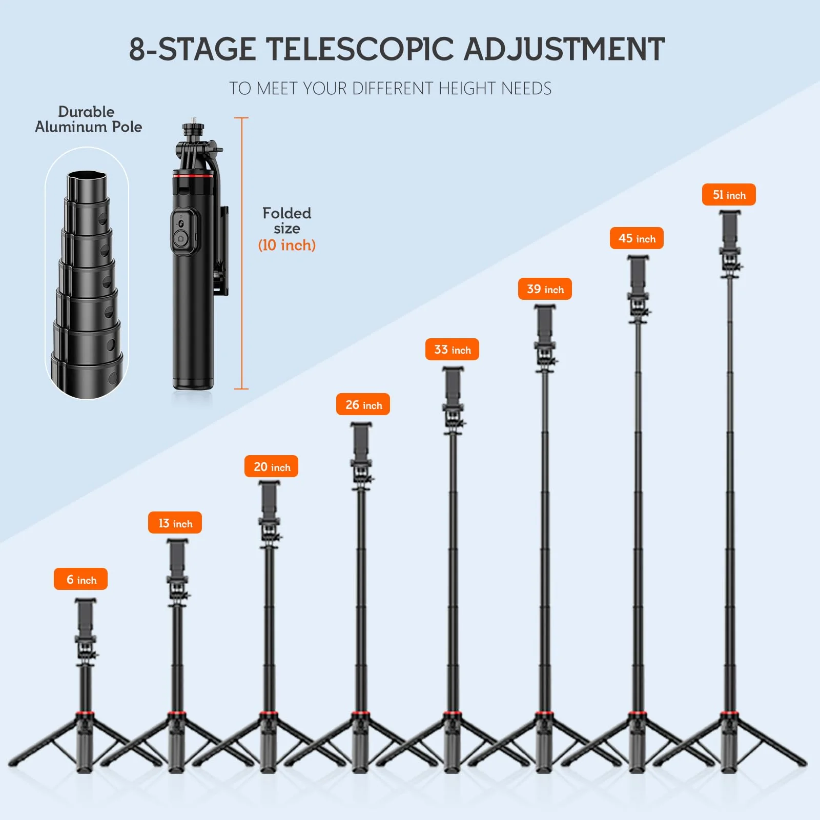 51”Selfie Stick Tripod, Aluminum Alloy Integrated Smartphone Tripod Stand with Wireless Remote Control Portable Retractable Cell Phone Tripod for iPhone/Samsung/GoPro/Android Phone Black - Image 3